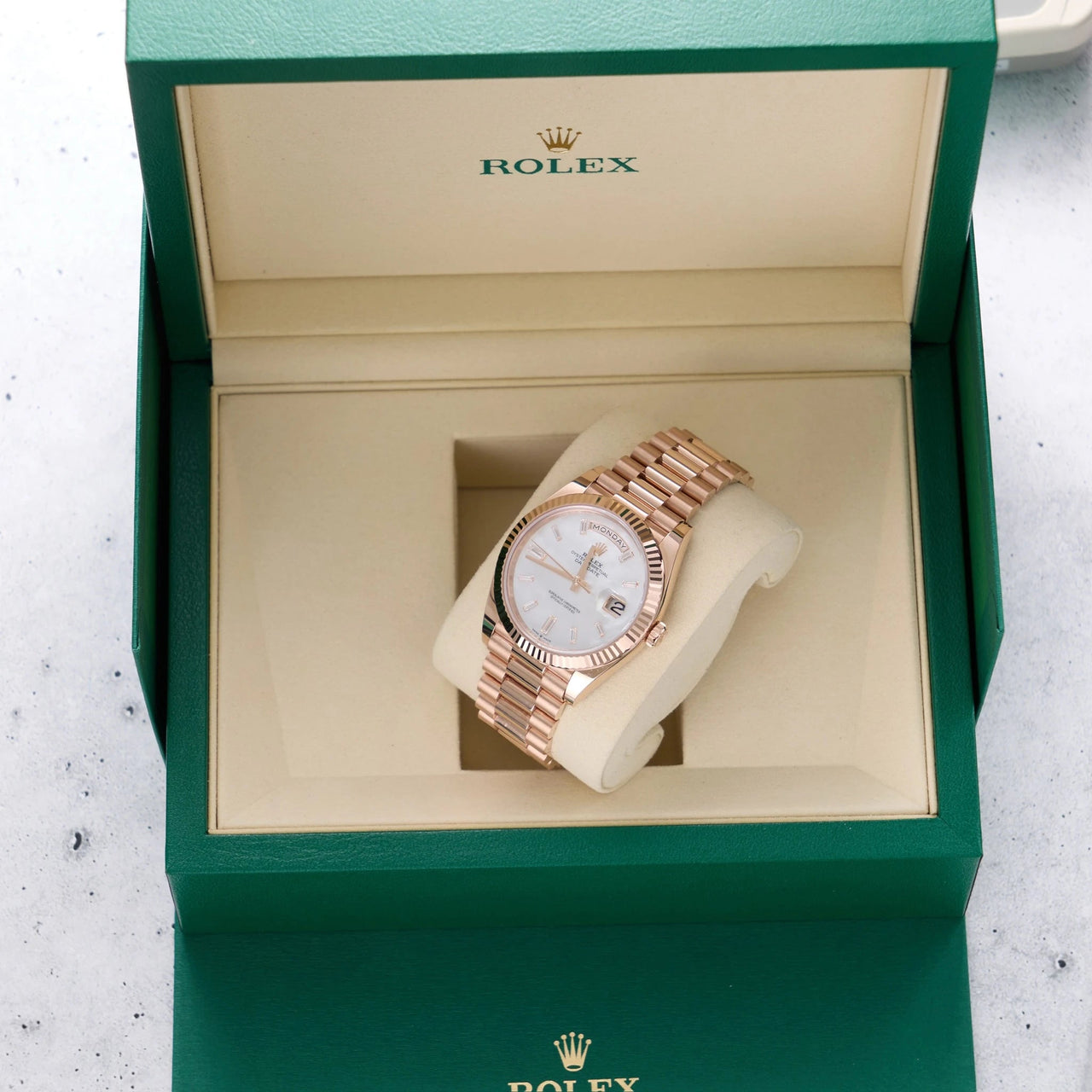 Rolex Day-Date 40mm 18K Everose Gold White Mother of Pearl Baguette Diamond Dial Fluted Bezel President Bracelet (Ref 228235) - WatchesOff5thWatch