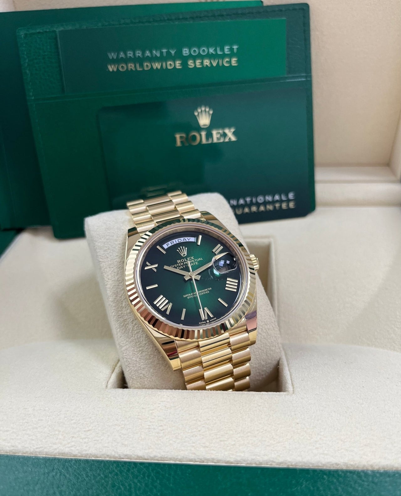 Rolex Day - Date 40mm Ombre Green Roman Dial New Release 228238 - WatchesOff5thWatch