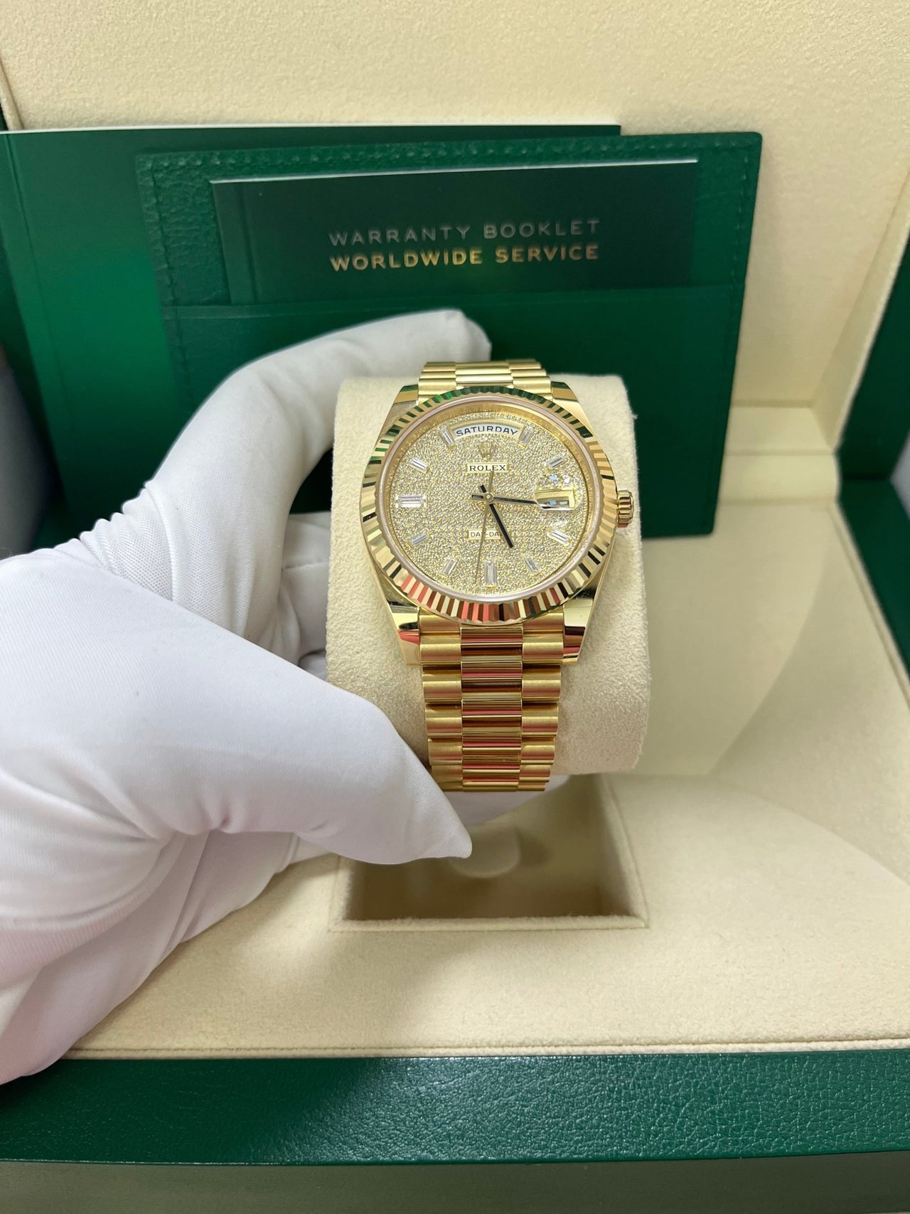 Rolex Day-Date 40mm Yellow Gold Pave Dial 228238 - WatchesOff5th