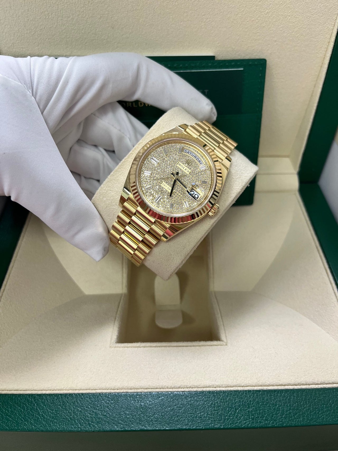 Rolex Day-Date 40mm Yellow Gold Pave Dial 228238 - WatchesOff5th