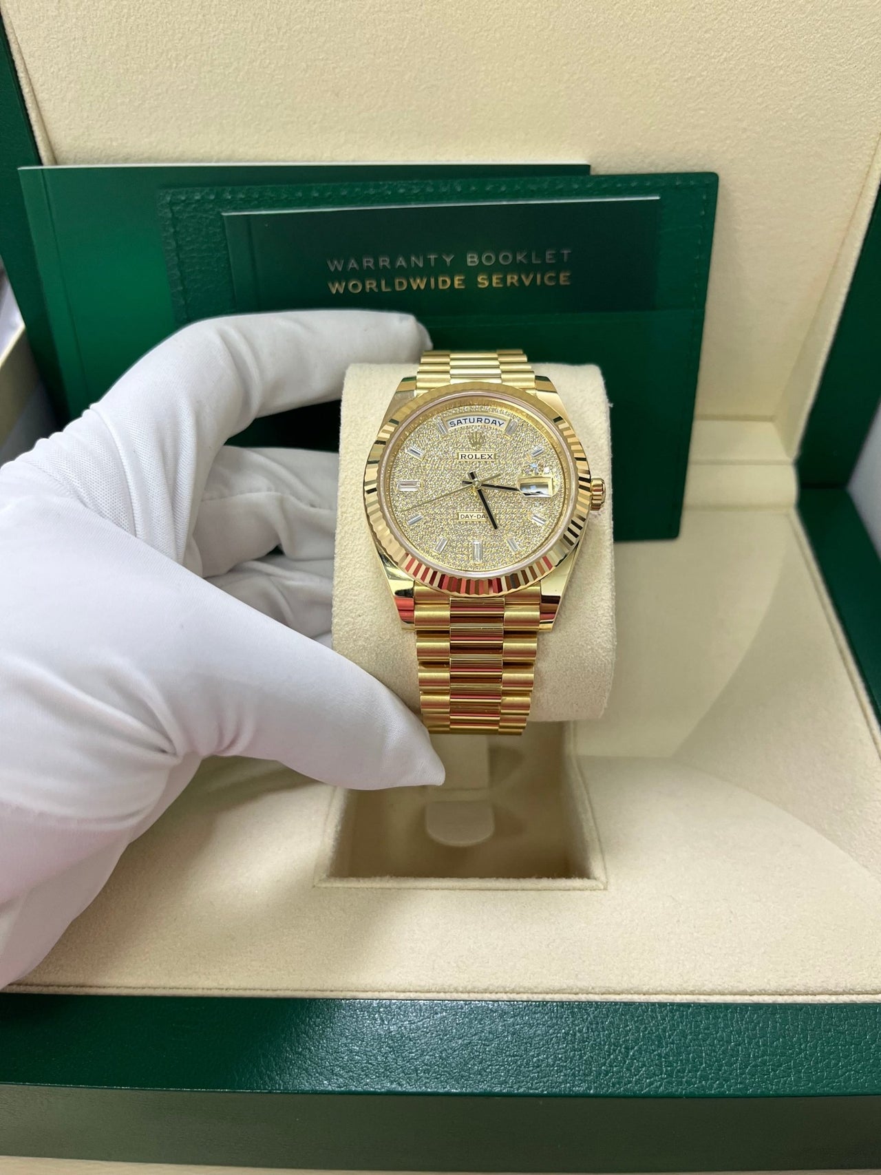 Rolex Day-Date 40mm Yellow Gold Pave Dial 228238 - WatchesOff5th