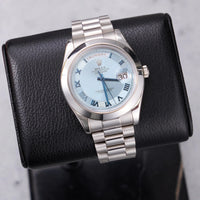 Thumbnail for Rolex Day-Date II 41mm Platinum Ice Blue Concentric Roman Dial Smooth Bezel President Bracelet (Ref 218206) - WatchesOff5thWatch