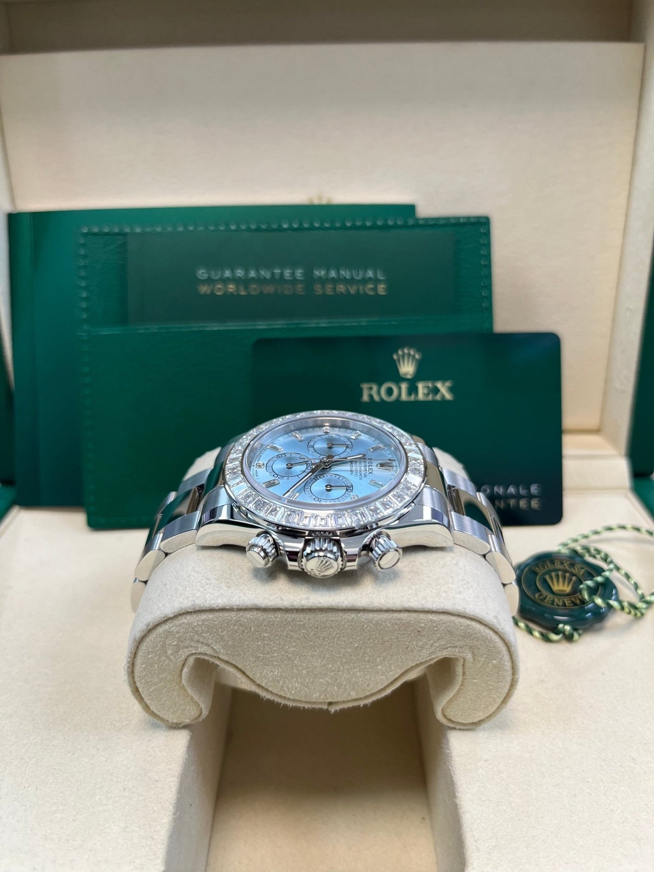 Rolex Daytona Platinum Diamond Bezel Ice Blue Dial 126576TBR - WatchesOff5thWatch