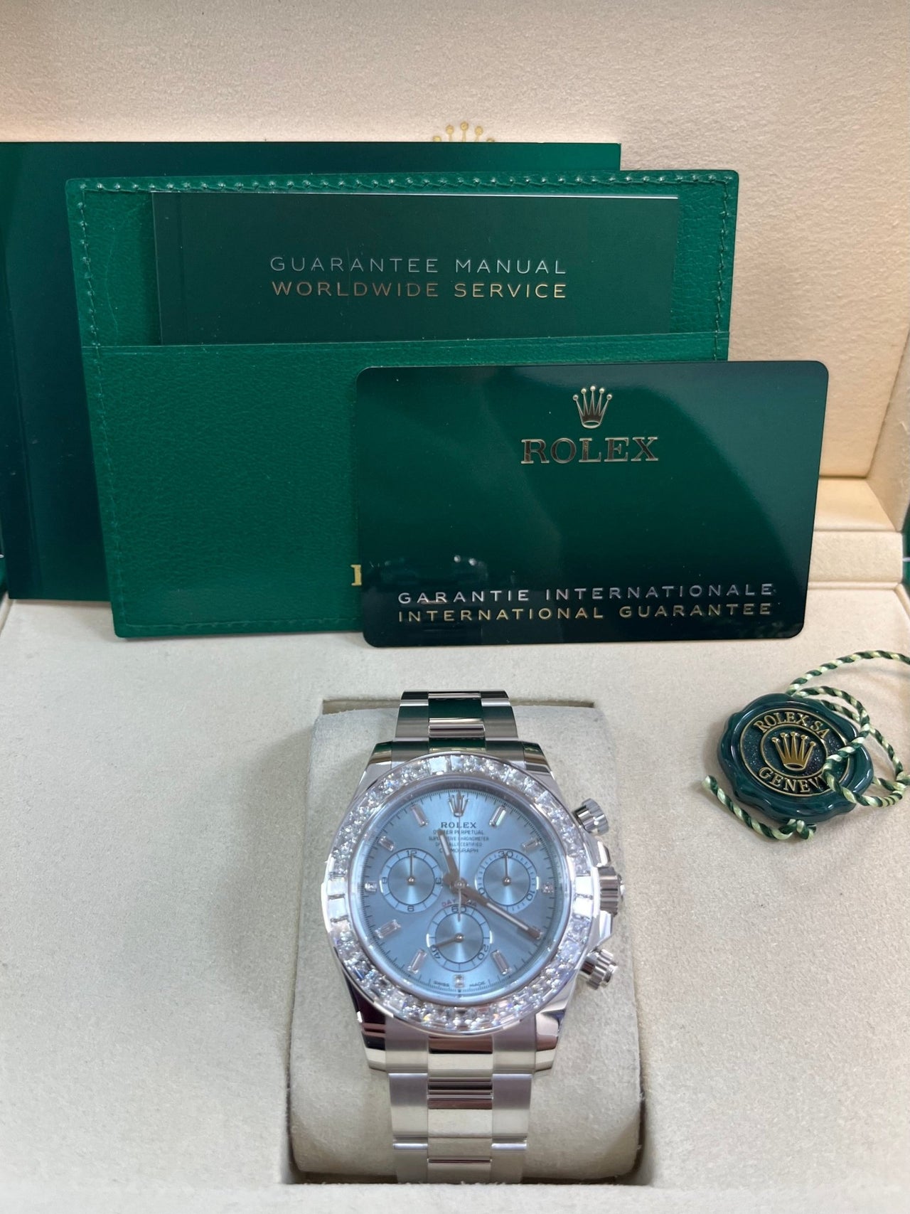 Rolex Daytona Platinum Diamond Bezel Ice Blue Dial 126576TBR - WatchesOff5thWatch