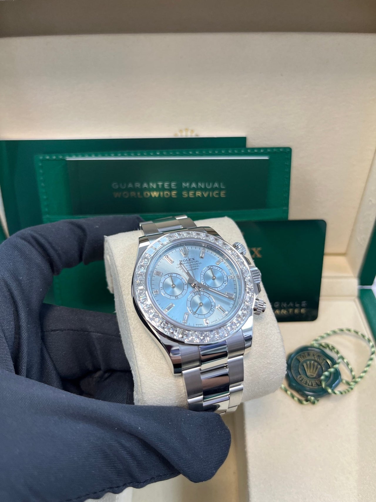 Rolex Daytona Platinum Diamond Bezel Ice Blue Dial 126576TBR - WatchesOff5thWatch