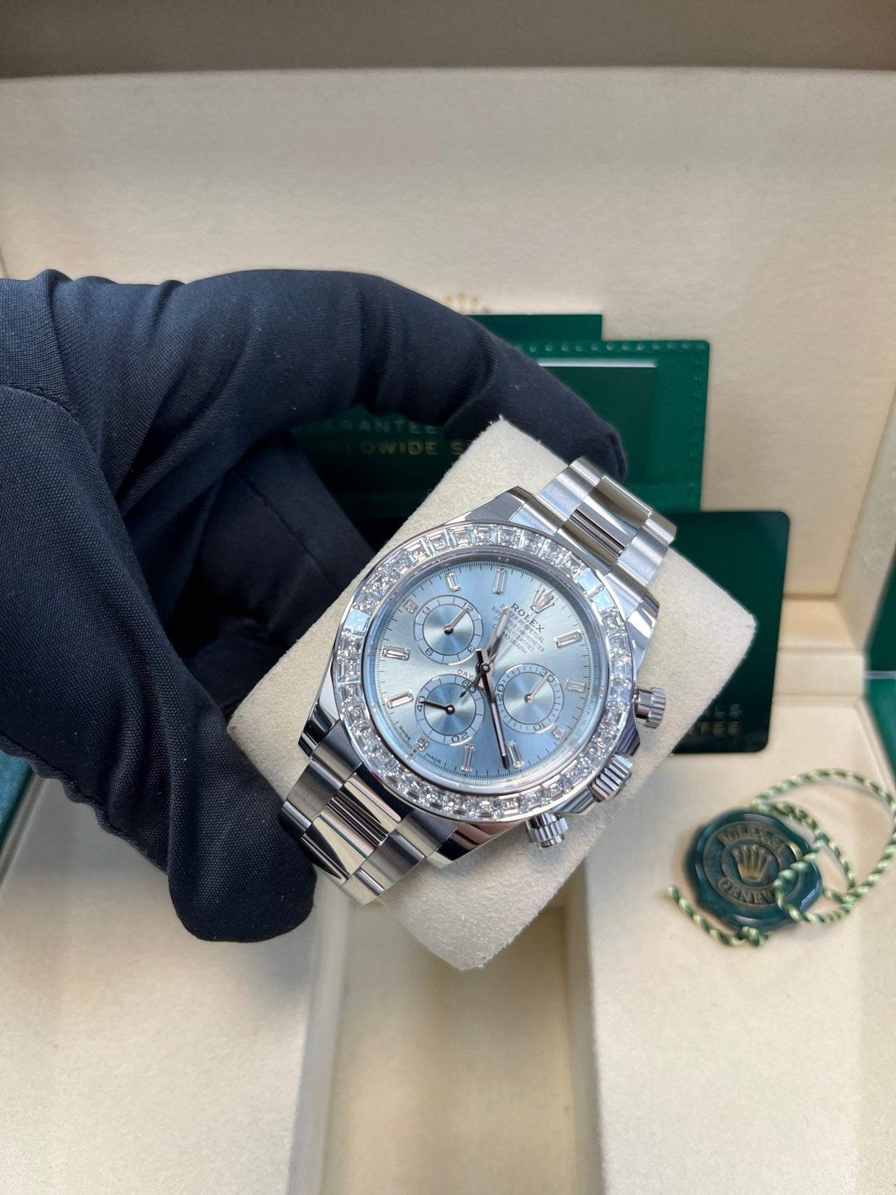 Rolex Daytona Platinum Diamond Bezel Ice Blue Dial 126576TBR - WatchesOff5thWatch