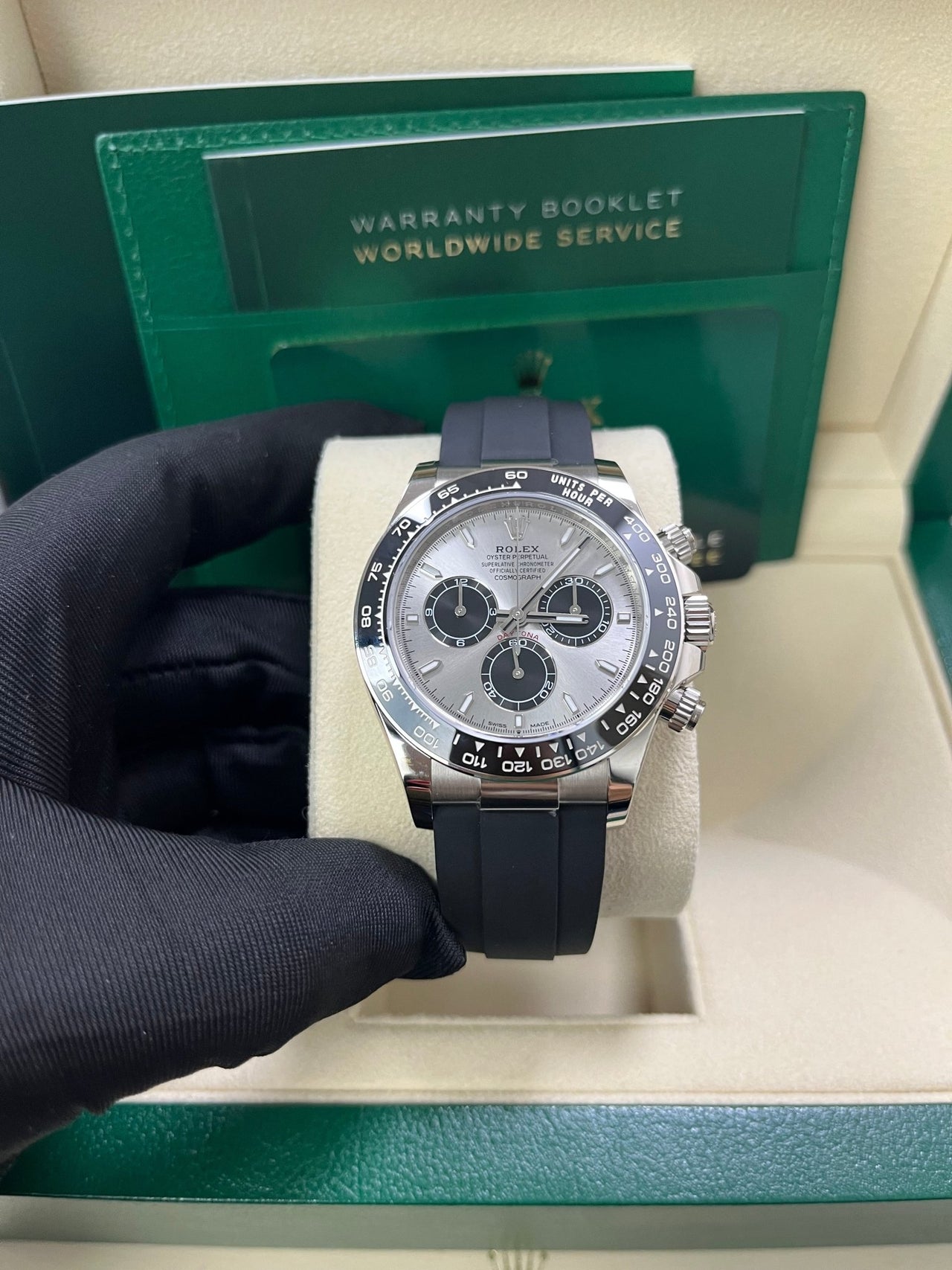 Rolex Daytona White Gold Cosmograph Daytona Silver And Black Index Dial - Oysterflex Strap 126519LN - WatchesOff5thWatch