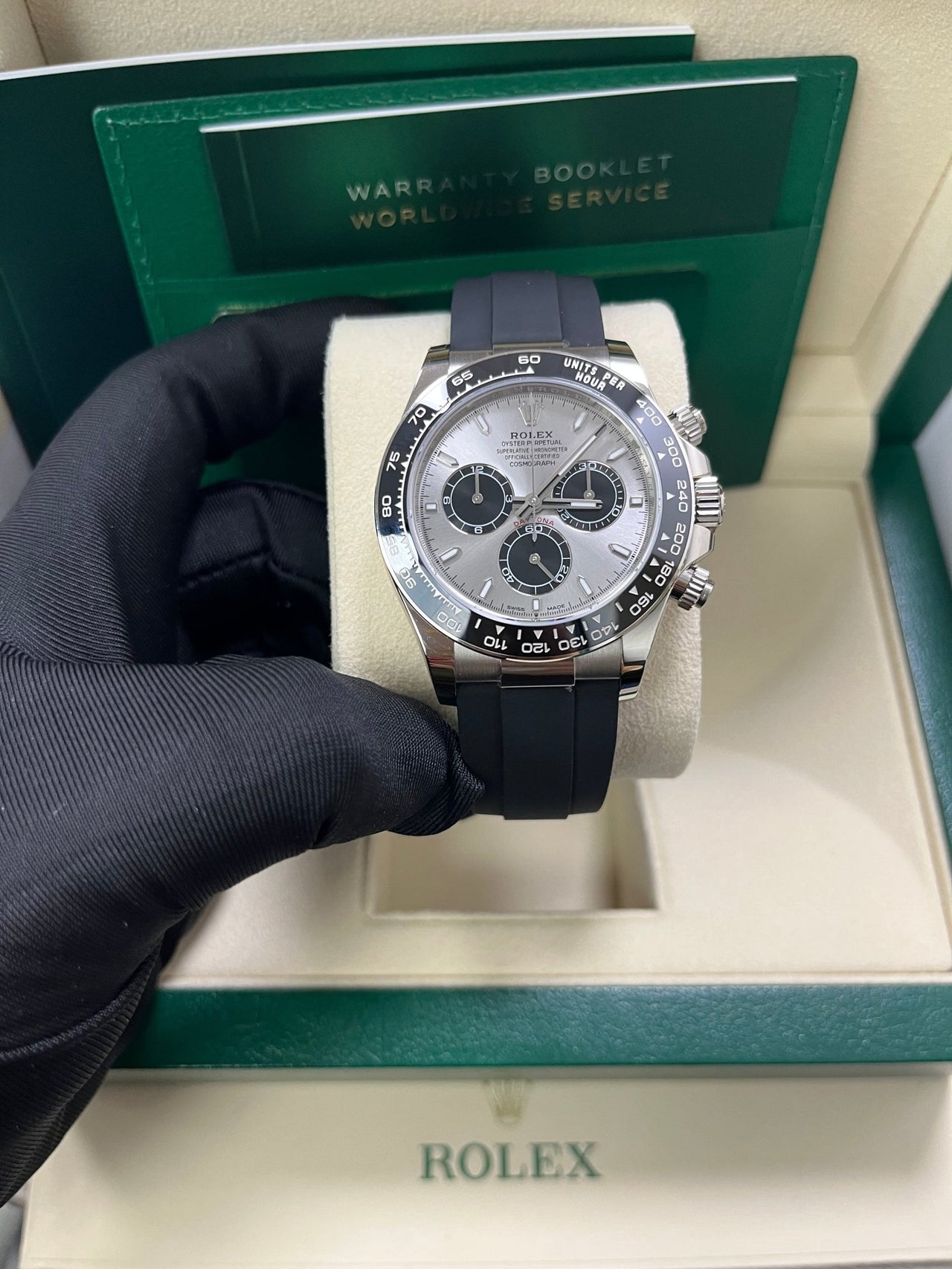 Rolex Daytona White Gold Cosmograph Daytona Silver And Black Index Dial - Oysterflex Strap 126519LN - WatchesOff5thWatch