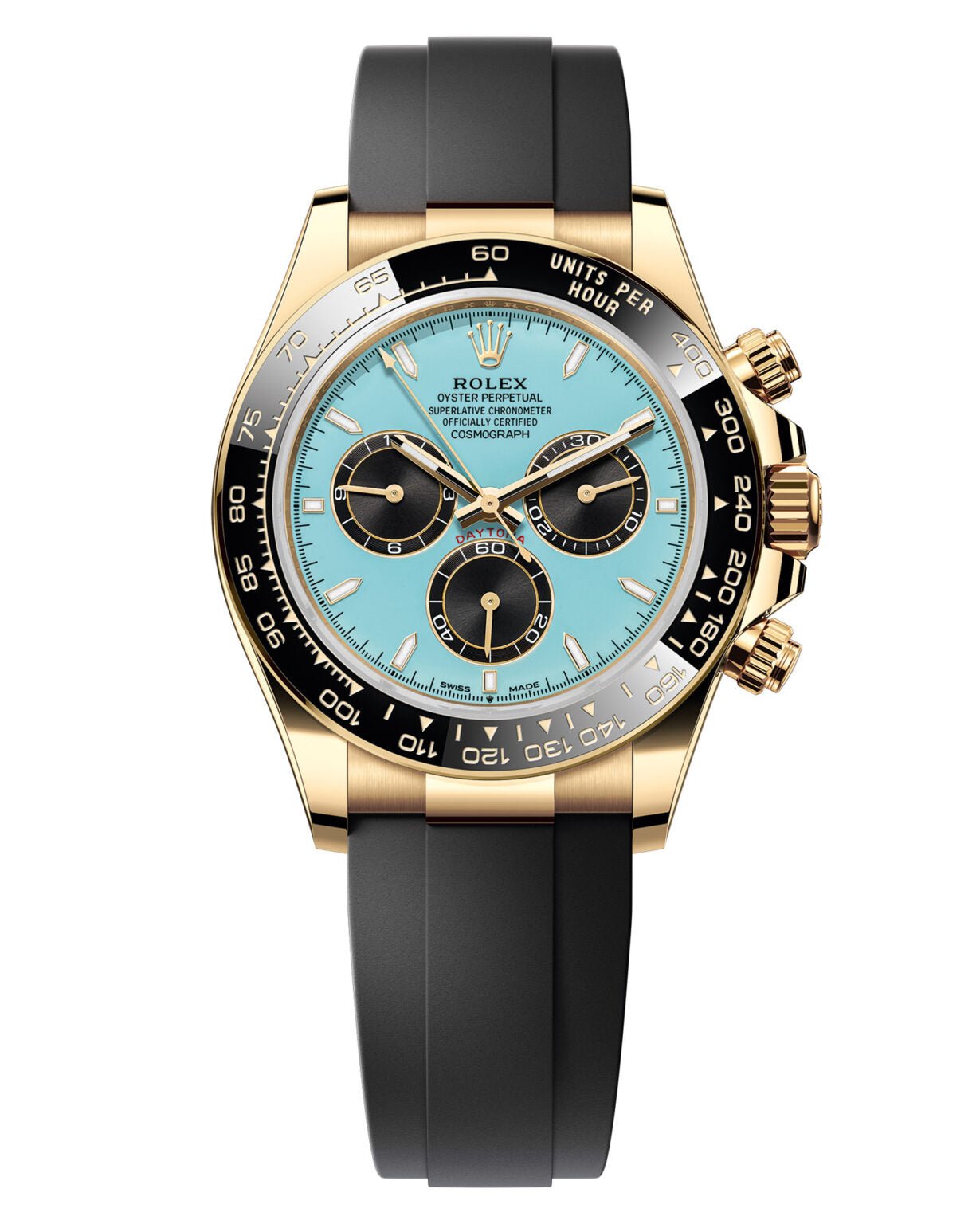 Rolex Daytona 18k yellow gold chronograph watch with Tiffany blue dial and Oysterflex bracelet, 2025 release reference 126518