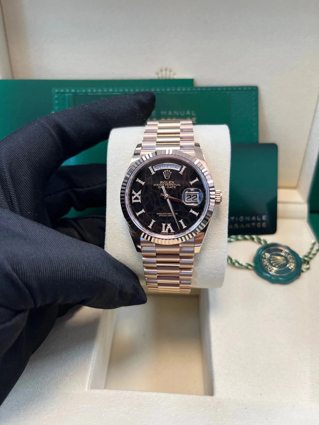Rolex Everose Gold Day - Date 36 Watch - Fluted Bezel - Eisenkiesel Diamond Dial - President Bracelet (Ref  128235) - WatchesOff5thWatch