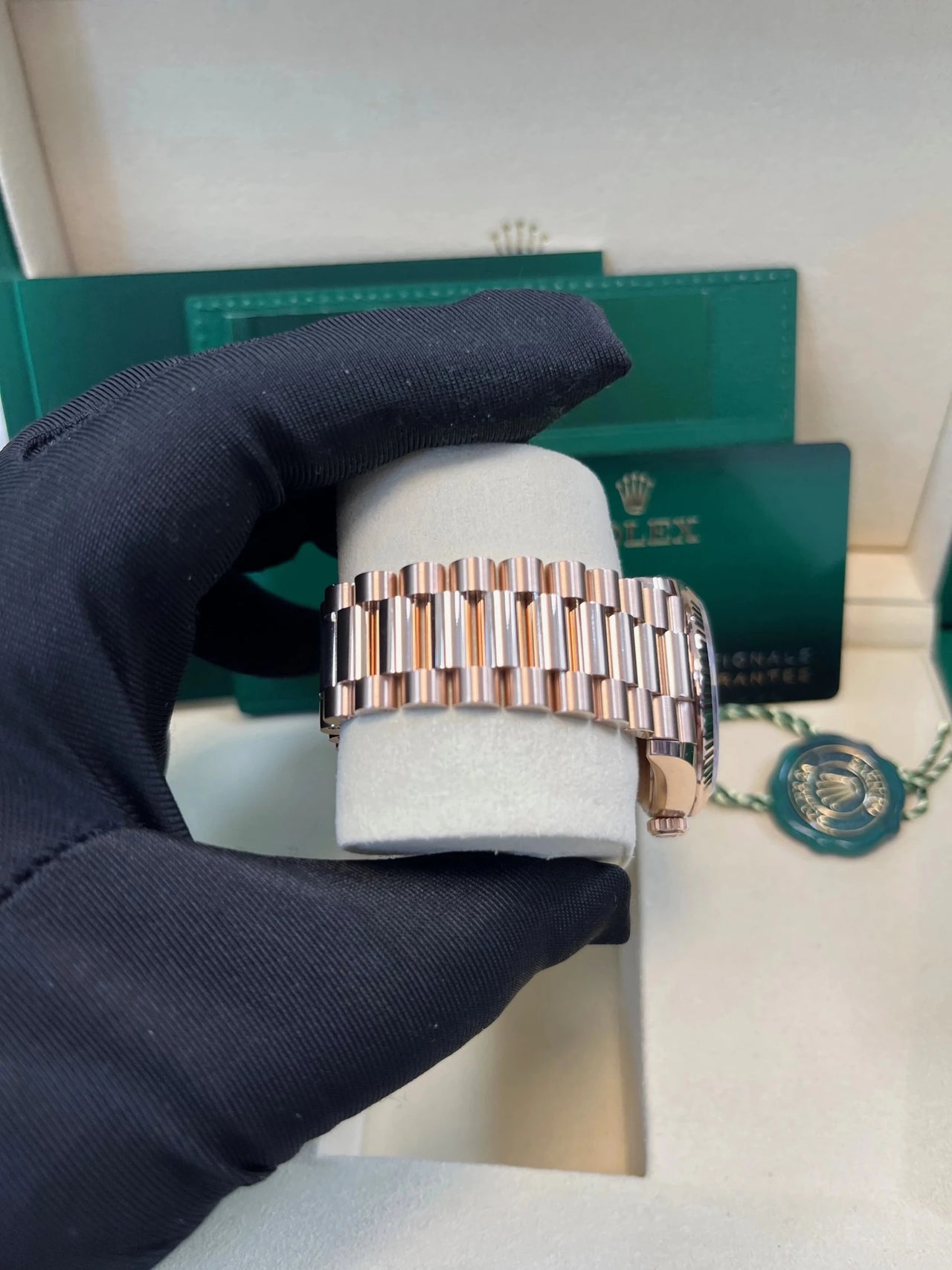Rolex Everose Gold Day - Date 36 Watch - Fluted Bezel - Eisenkiesel Diamond Dial - President Bracelet (Ref  128235) - WatchesOff5thWatch