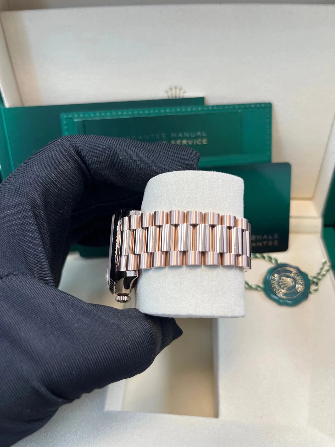 Rolex Everose Gold Day - Date 36 Watch - Fluted Bezel - Eisenkiesel Diamond Dial - President Bracelet (Ref  128235) - WatchesOff5thWatch