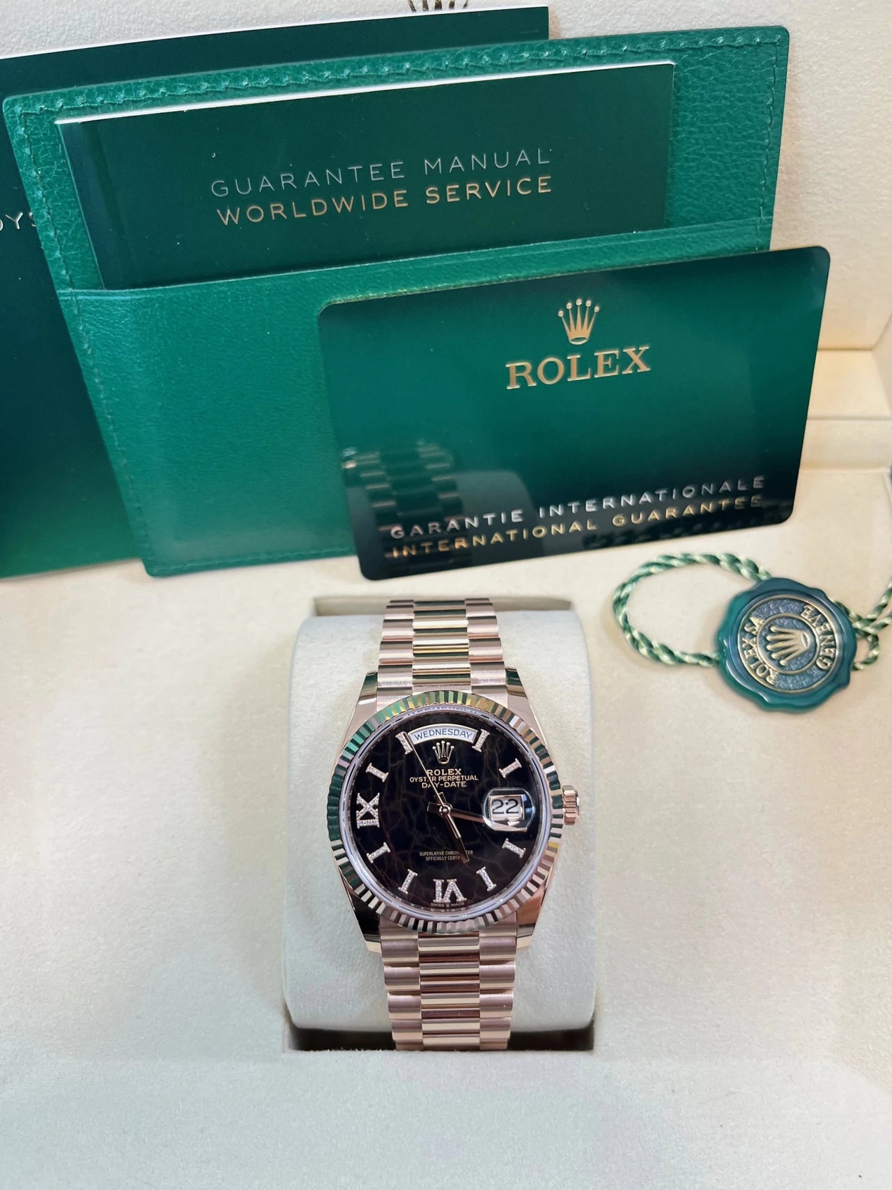 Rolex Everose Gold Day - Date 36 Watch - Fluted Bezel - Eisenkiesel Diamond Dial - President Bracelet (Ref  128235) - WatchesOff5thWatch
