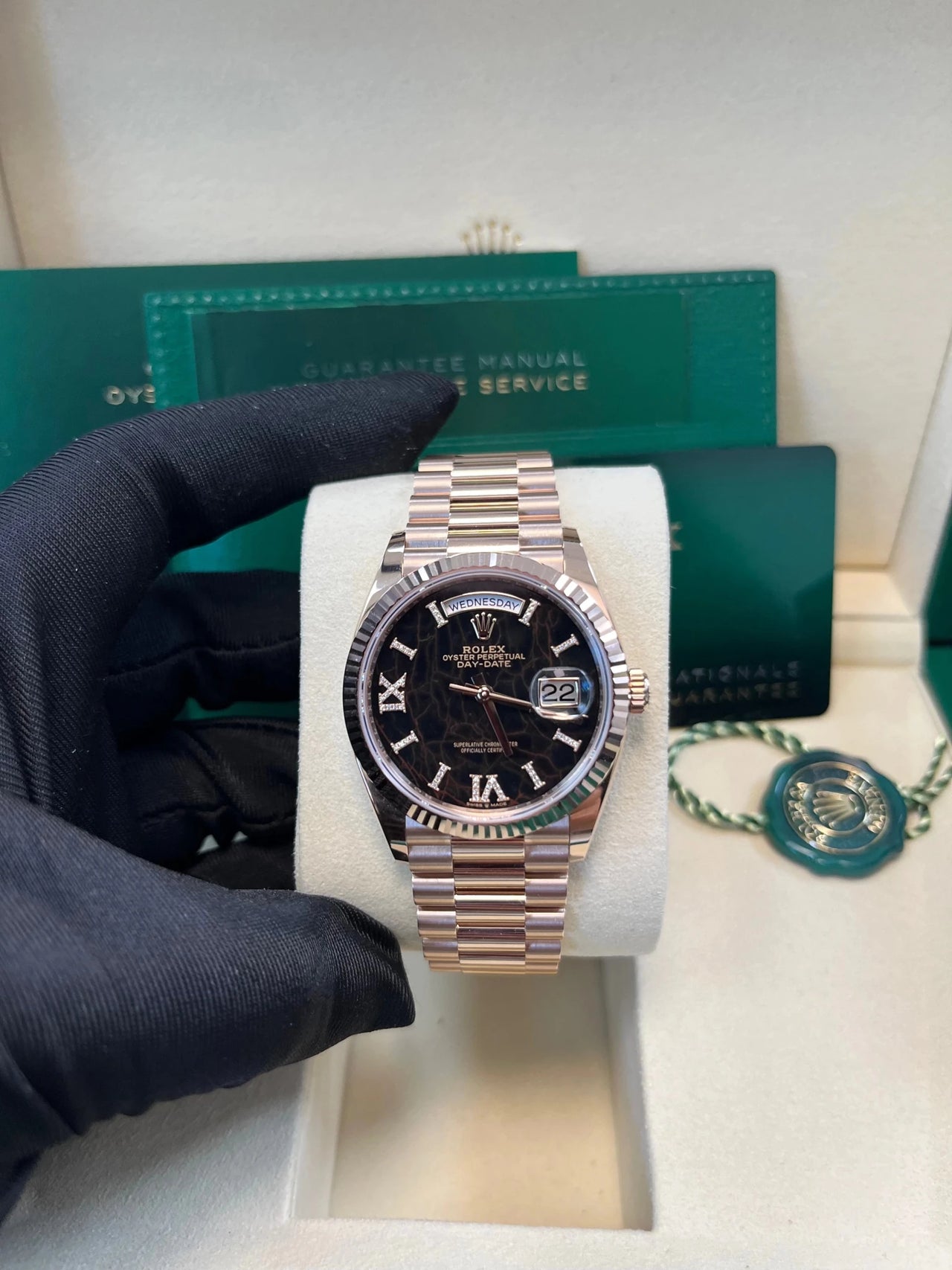 Rolex Everose Gold Day - Date 36 Watch - Fluted Bezel - Eisenkiesel Diamond Dial - President Bracelet (Ref  128235) - WatchesOff5thWatch