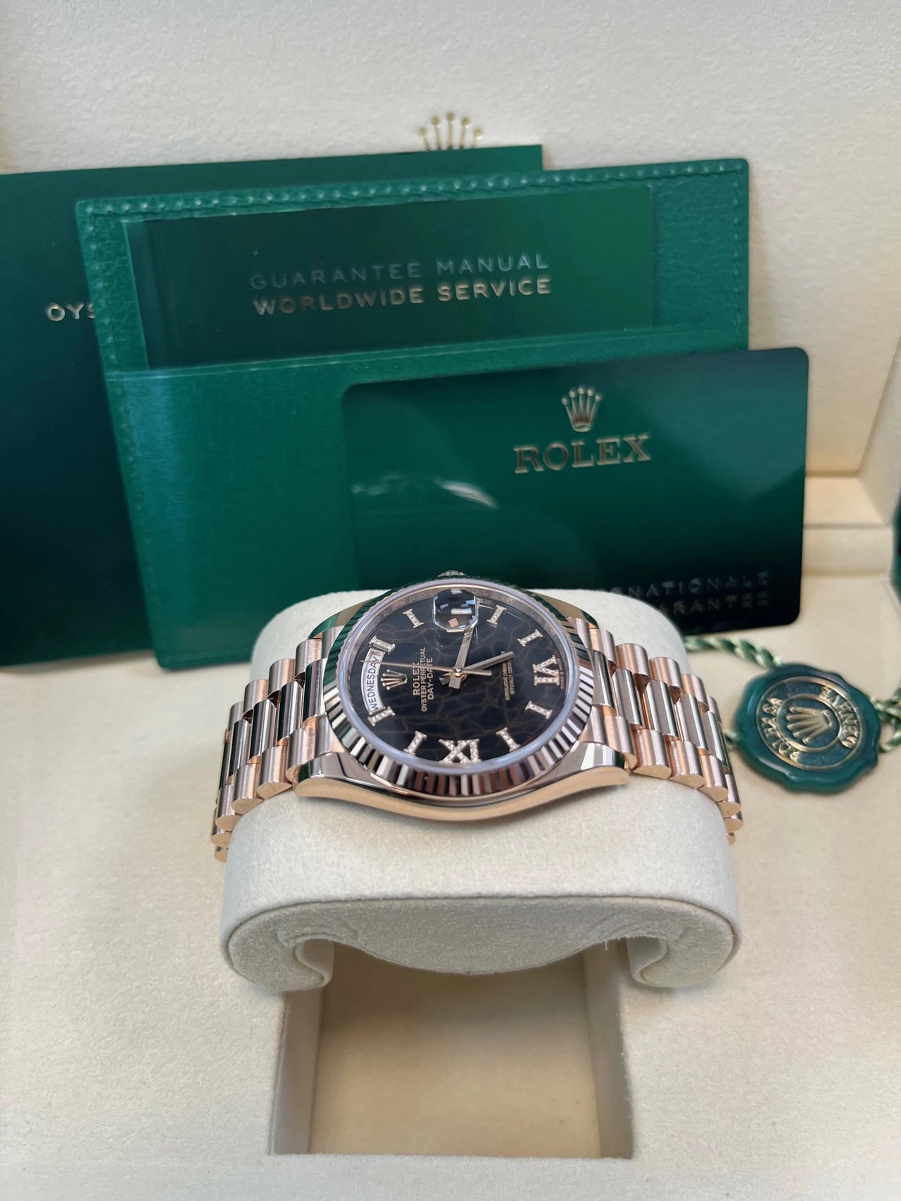 Rolex Everose Gold Day - Date 36 Watch - Fluted Bezel - Eisenkiesel Diamond Dial - President Bracelet (Ref  128235) - WatchesOff5thWatch