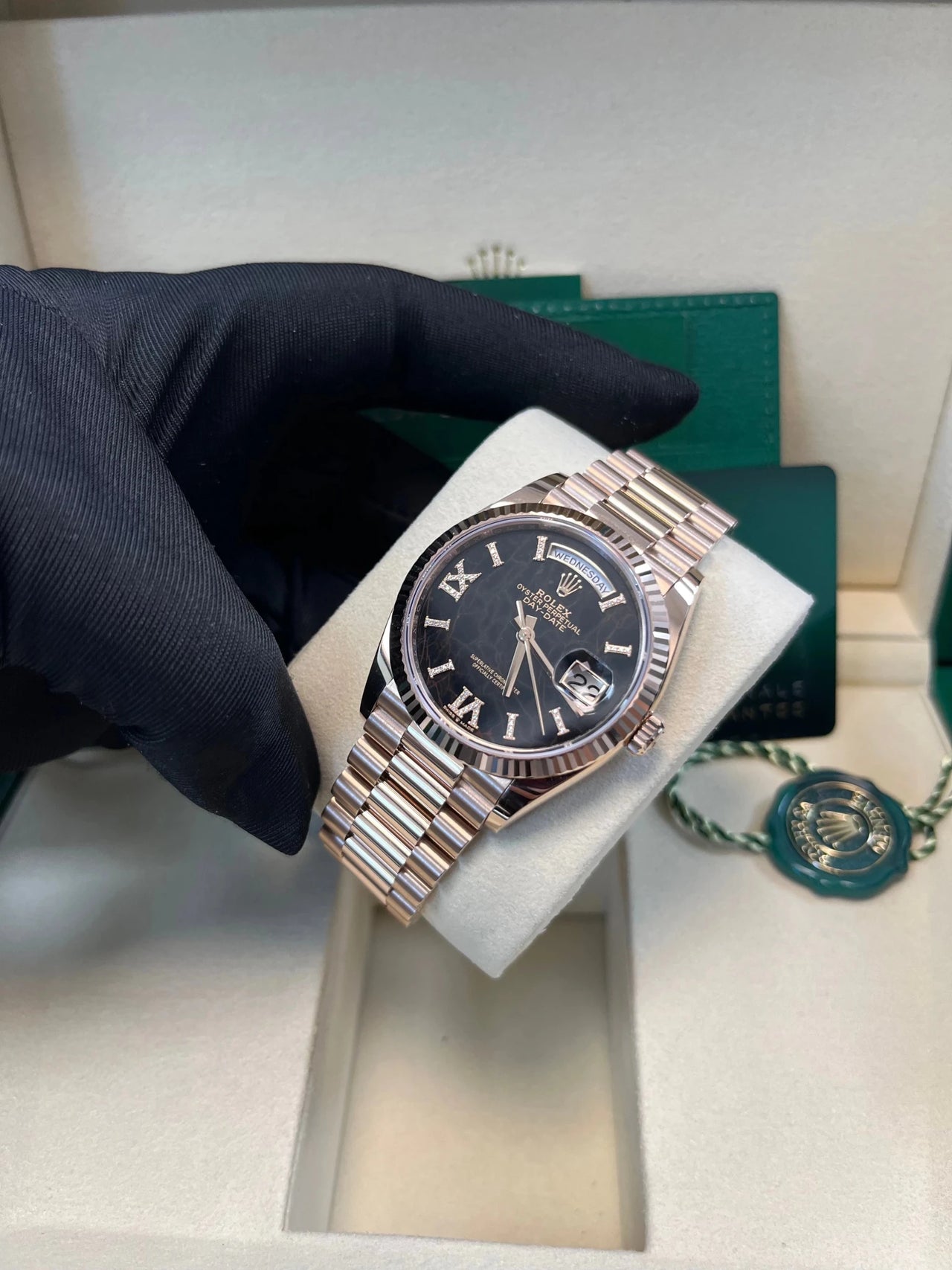 Rolex Everose Gold Day - Date 36 Watch - Fluted Bezel - Eisenkiesel Diamond Dial - President Bracelet (Ref  128235) - WatchesOff5thWatch