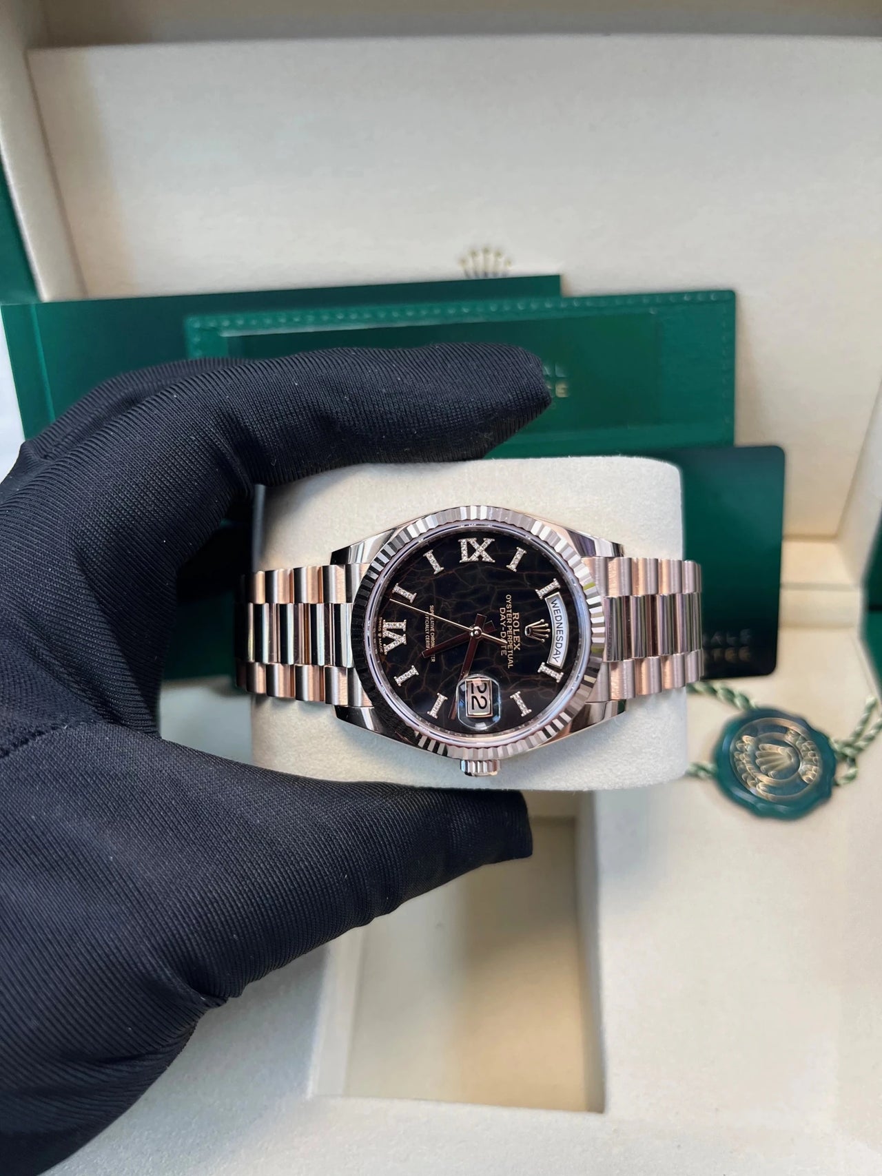Rolex Everose Gold Day - Date 36 Watch - Fluted Bezel - Eisenkiesel Diamond Dial - President Bracelet (Ref  128235) - WatchesOff5thWatch