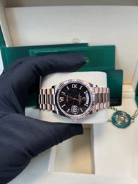 Thumbnail for Rolex Everose Gold Day - Date 36 Watch - Fluted Bezel - Eisenkiesel Diamond Dial - President Bracelet (Ref  128235) - WatchesOff5thWatch
