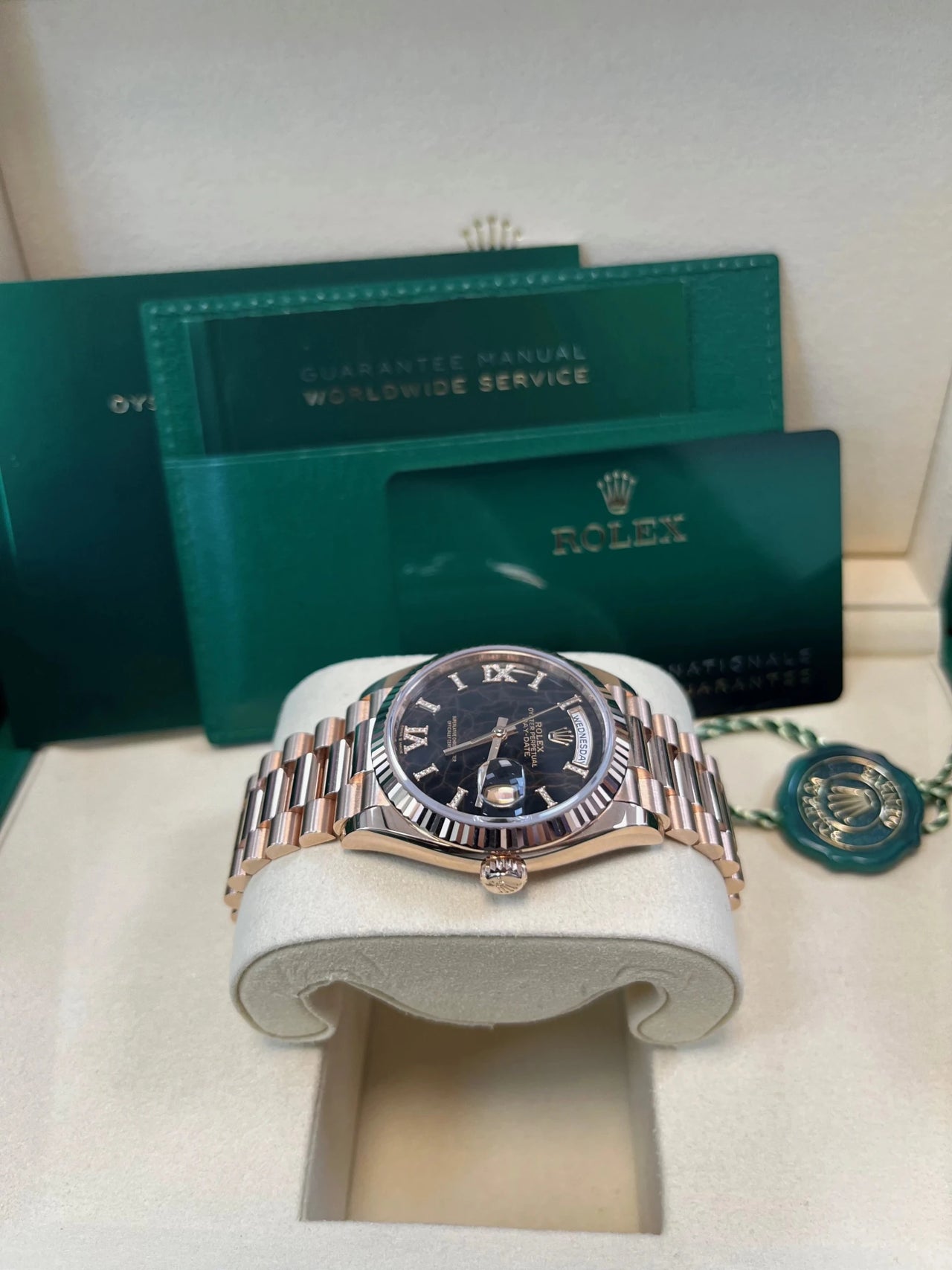 Rolex Everose Gold Day - Date 36 Watch - Fluted Bezel - Eisenkiesel Diamond Dial - President Bracelet (Ref  128235) - WatchesOff5thWatch