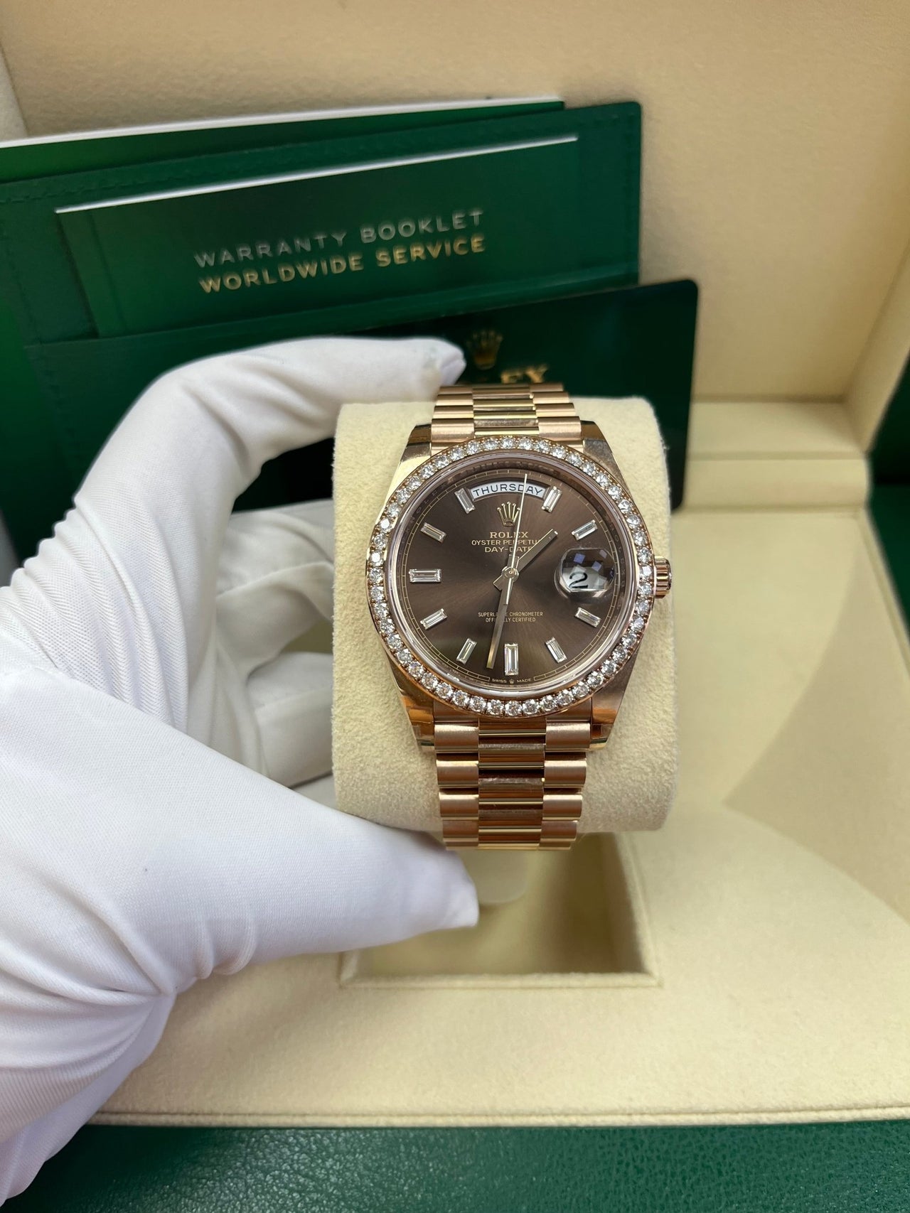 Rolex Everose Gold Day-Date 40 Watch - Everose Gold Bezel - Chocolate Baguette Diamond Dial - President Bracelet (REF#228345RBR) - WatchesOff5thWatch