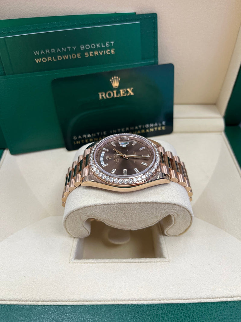 Rolex Everose Gold Day-Date 40 Watch - Everose Gold Bezel - Chocolate Baguette Diamond Dial - President Bracelet (REF#228345RBR) - WatchesOff5thWatch
