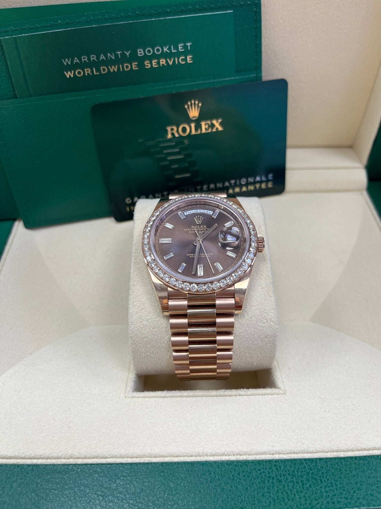 Rolex Everose Gold Day-Date 40 Watch - Everose Gold Bezel - Chocolate Baguette Diamond Dial - President Bracelet (REF#228345RBR) - WatchesOff5thWatch