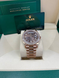 Thumbnail for Rolex Everose Gold Day-Date 40 Watch - Everose Gold Bezel - Chocolate Baguette Diamond Dial - President Bracelet (REF#228345RBR) - WatchesOff5thWatch