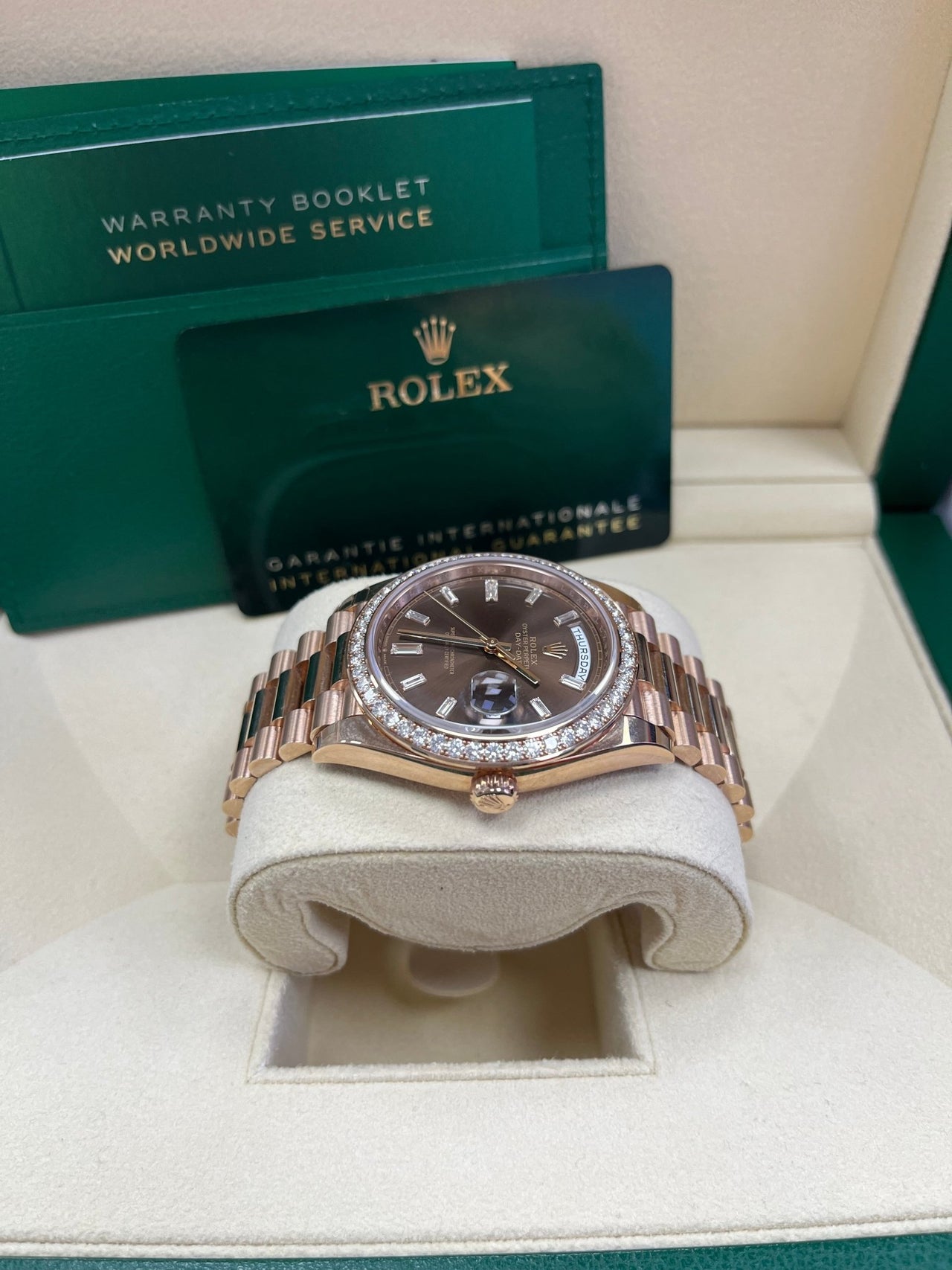 Rolex Everose Gold Day-Date 40 Watch - Everose Gold Bezel - Chocolate Baguette Diamond Dial - President Bracelet (REF#228345RBR) - WatchesOff5thWatch