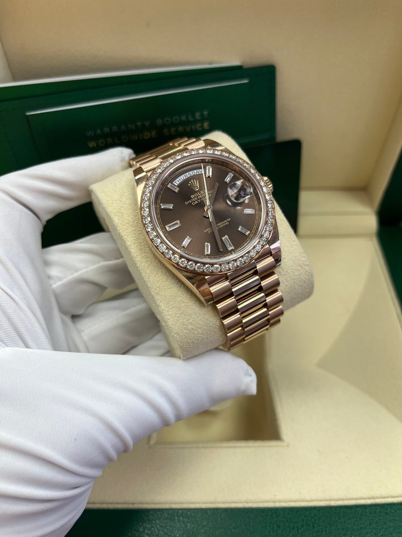 Rolex Everose Gold Day-Date 40 Watch - Everose Gold Bezel - Chocolate Baguette Diamond Dial - President Bracelet (REF#228345RBR) - WatchesOff5thWatch