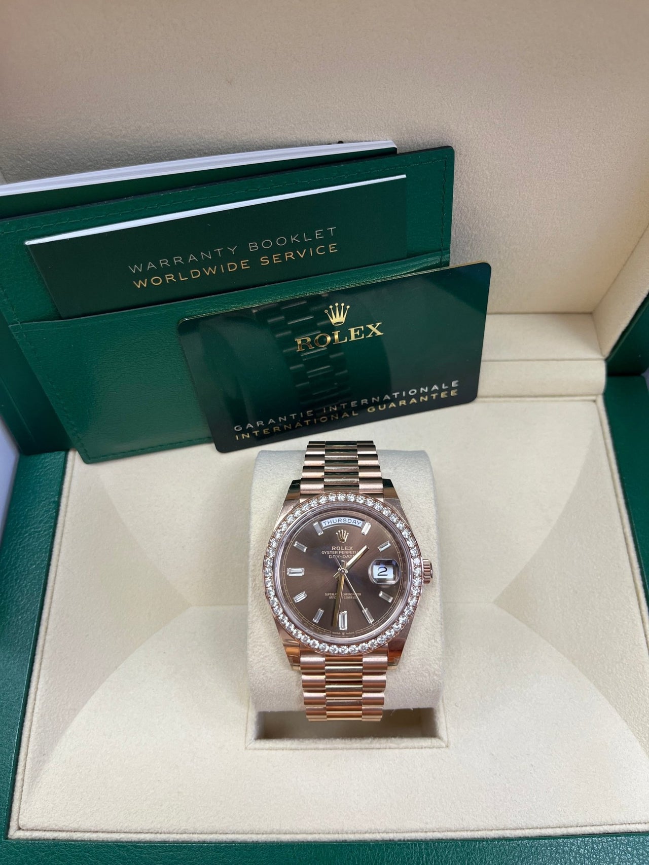 Rolex Everose Gold Day-Date 40 Watch - Everose Gold Bezel - Chocolate Baguette Diamond Dial - President Bracelet (REF#228345RBR) - WatchesOff5thWatch