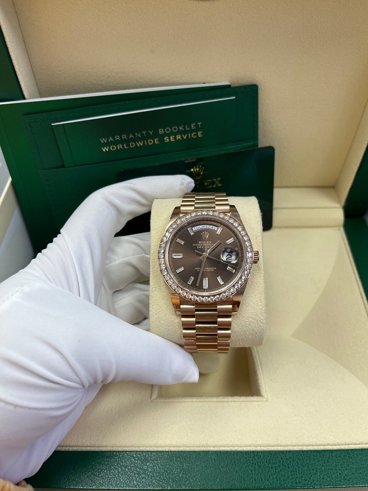 Rolex Everose Gold Day-Date 40 Watch - Everose Gold Bezel - Chocolate Baguette Diamond Dial - President Bracelet (REF#228345RBR) - WatchesOff5thWatch