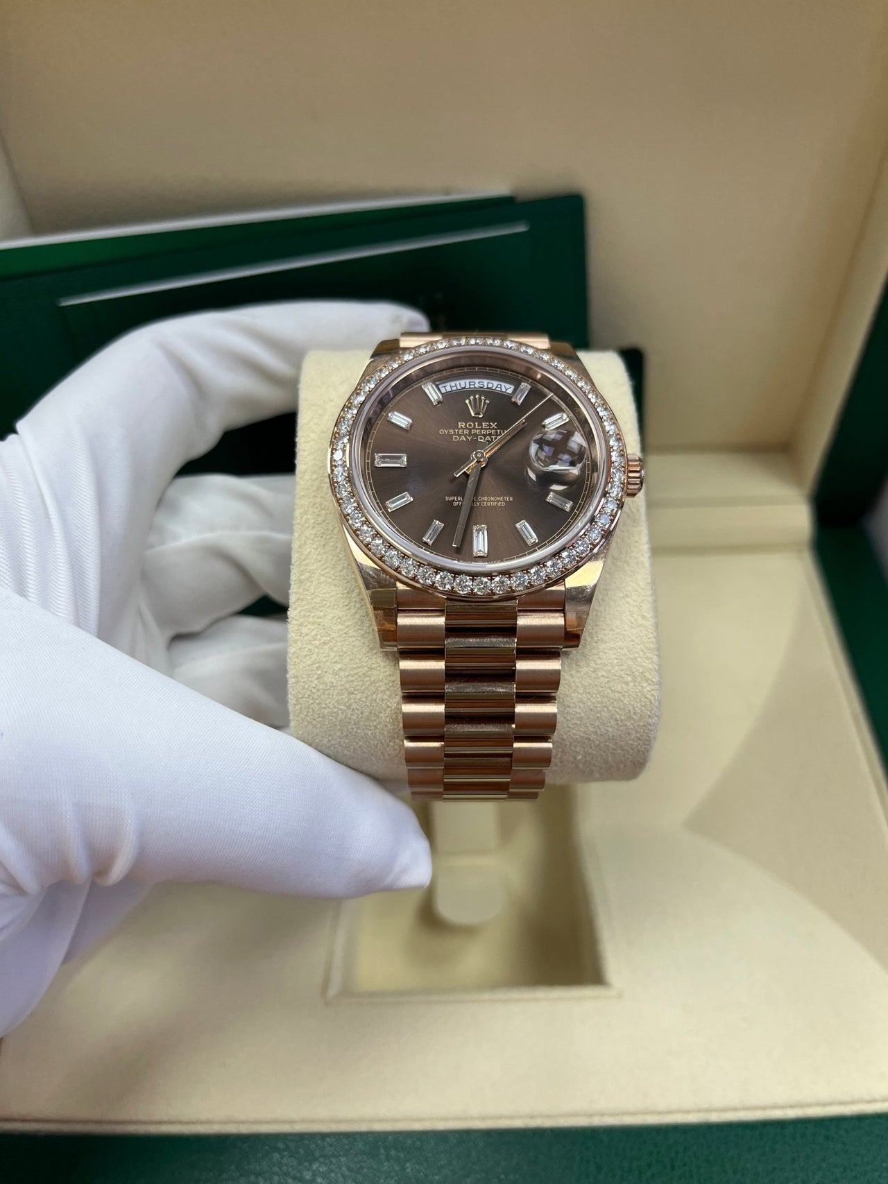 Rolex Everose Gold Day-Date 40 Watch - Everose Gold Bezel - Chocolate Baguette Diamond Dial - President Bracelet (REF#228345RBR) - WatchesOff5thWatch