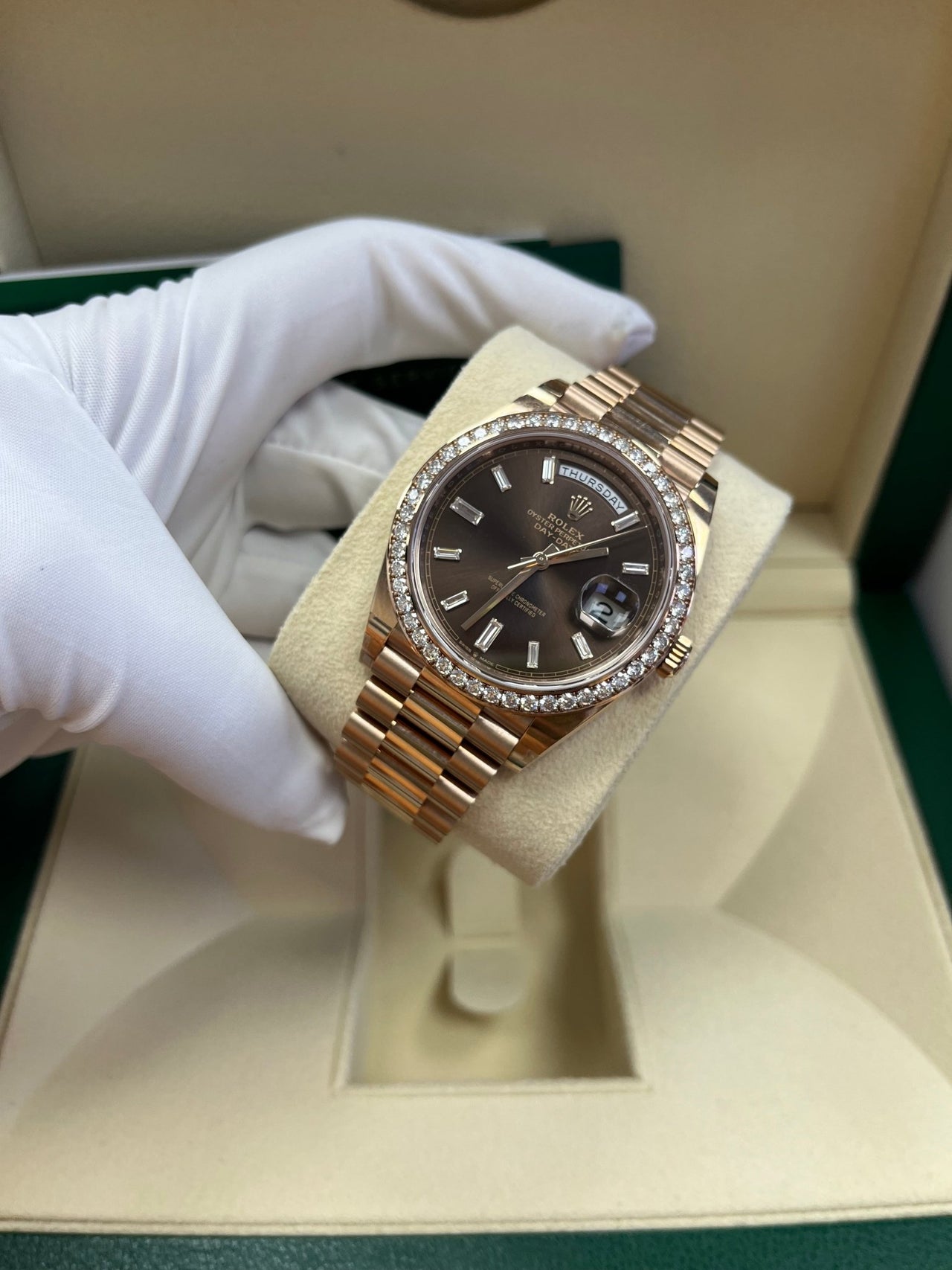 Rolex Everose Gold Day-Date 40 Watch - Everose Gold Bezel - Chocolate Baguette Diamond Dial - President Bracelet (REF#228345RBR) - WatchesOff5thWatch