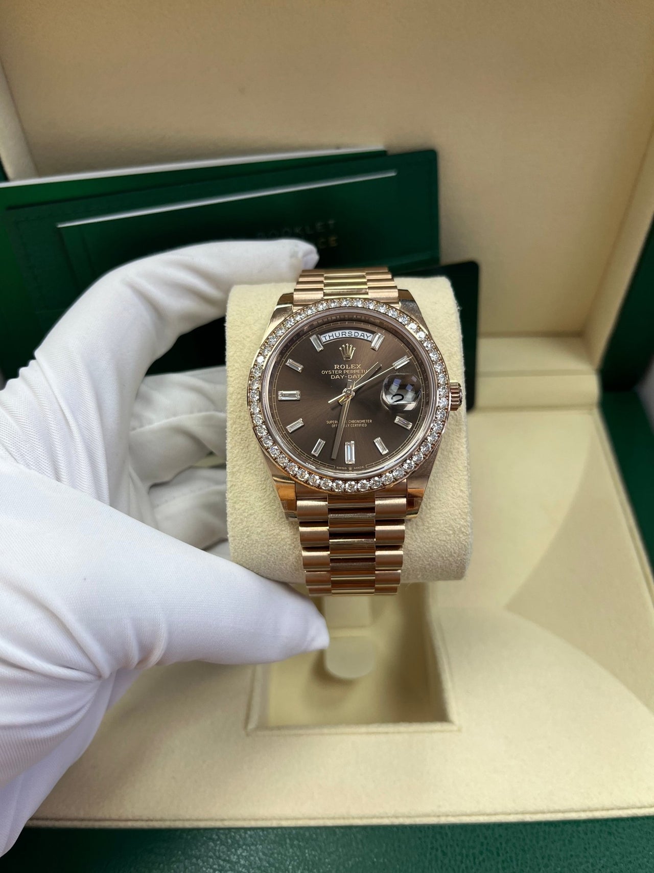 Rolex Everose Gold Day-Date 40 Watch - Everose Gold Bezel - Chocolate Baguette Diamond Dial - President Bracelet (REF#228345RBR) - WatchesOff5thWatch