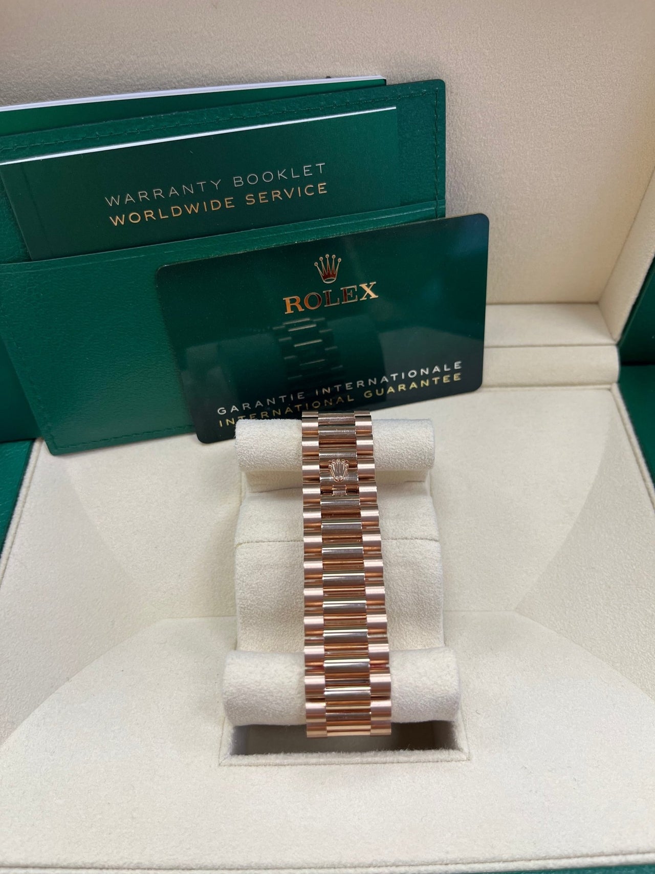 Rolex Everose Gold Day-Date 40 Watch - Everose Gold Bezel - Chocolate Baguette Diamond Dial - President Bracelet (REF#228345RBR) - WatchesOff5thWatch