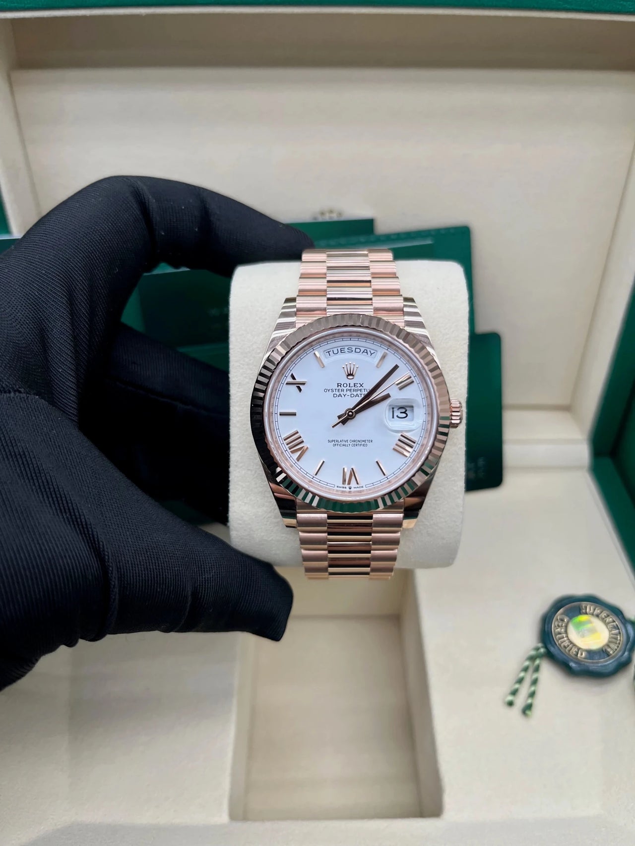Rolex Everose Gold Day - Date 40 Watch Fluted Bezel White Bevelled Roman Dial 228235 - WatchesOff5th