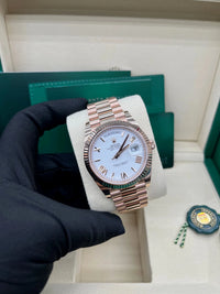Thumbnail for Rolex Everose Gold Day - Date 40 Watch Fluted Bezel White Bevelled Roman Dial 228235 - WatchesOff5th