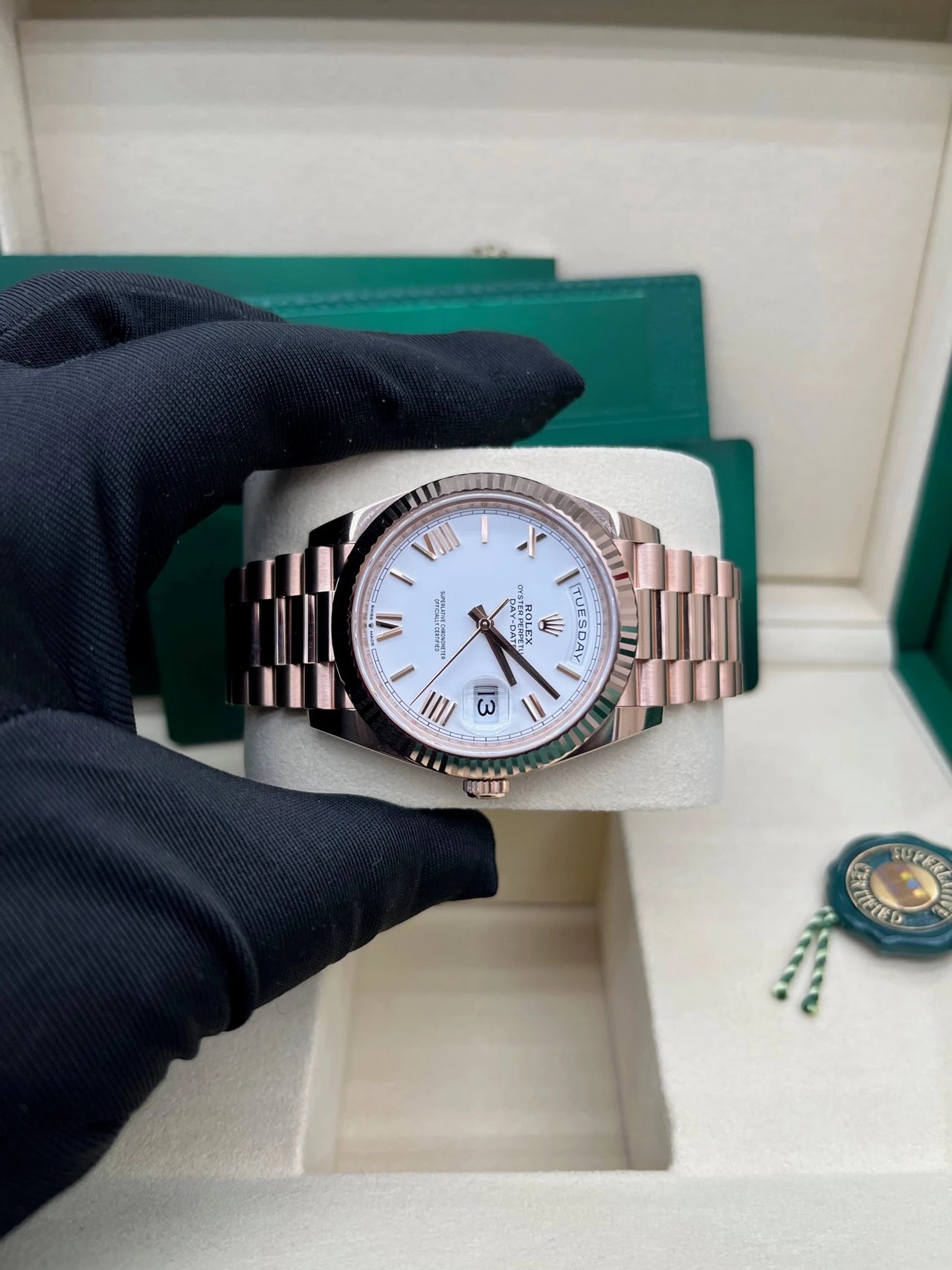 Rolex Everose Gold Day - Date 40 Watch Fluted Bezel White Bevelled Roman Dial 228235 - WatchesOff5th