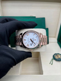 Thumbnail for Rolex Everose Gold Day - Date 40 Watch Fluted Bezel White Bevelled Roman Dial 228235 - WatchesOff5th
