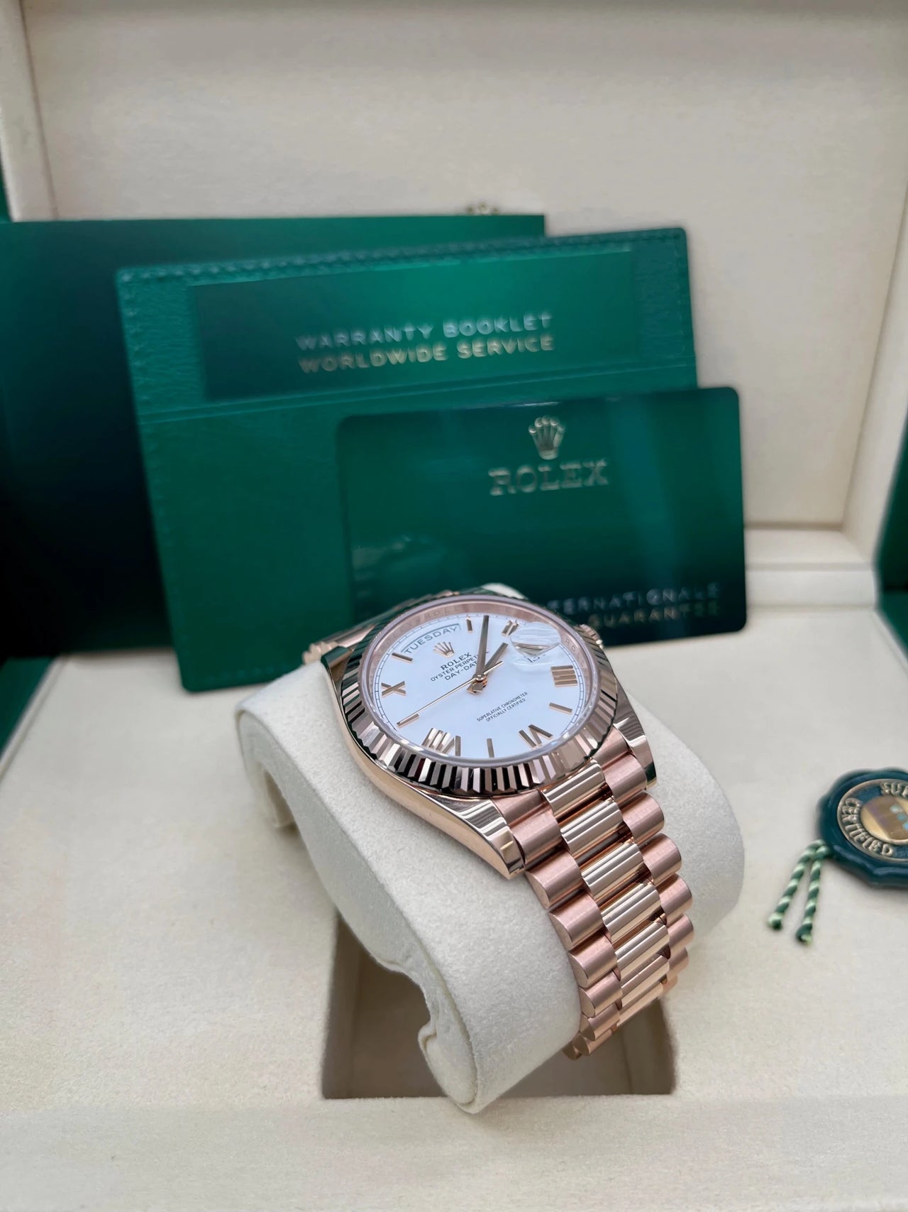 Rolex Everose Gold Day - Date 40 Watch Fluted Bezel White Bevelled Roman Dial 228235 - WatchesOff5th
