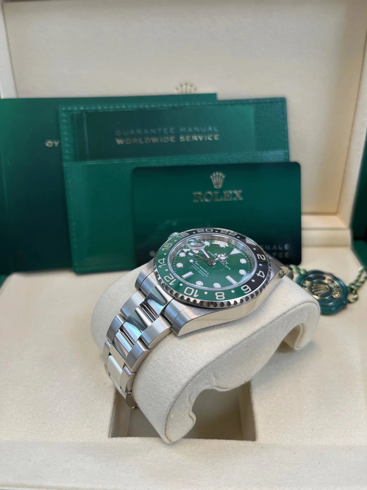 Rolex GMT - Master II Left - Hand 40mm 18K White Gold Green Ceramic Dial Green Black Cerachrom Bezel Oyster Bracelet (Ref 126729VTNR) - WatchesOff5thWatch