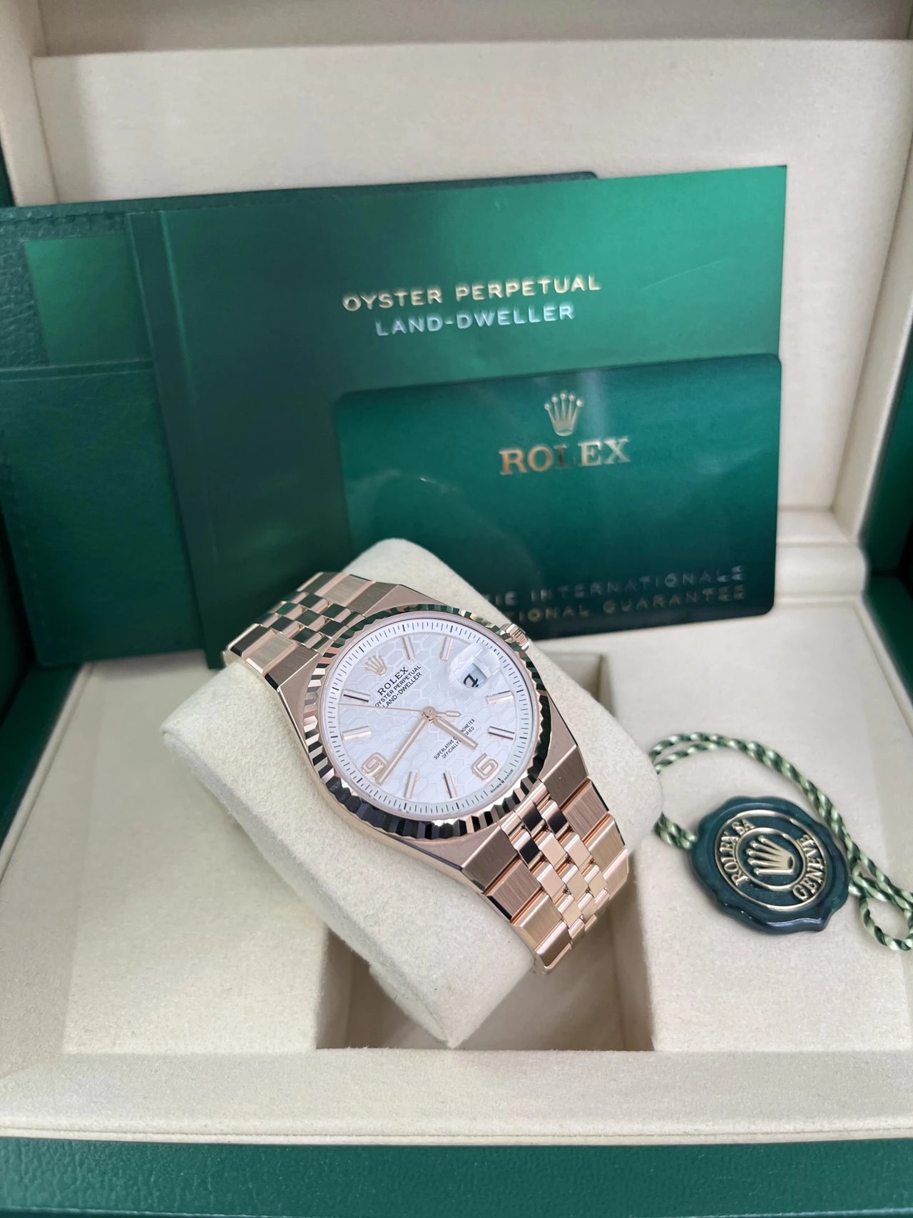 Rolex Land - Dweller 36 Everose Gold White Honeycomb Dial Ref. 127235 - WatchesOff5thWristwatch
