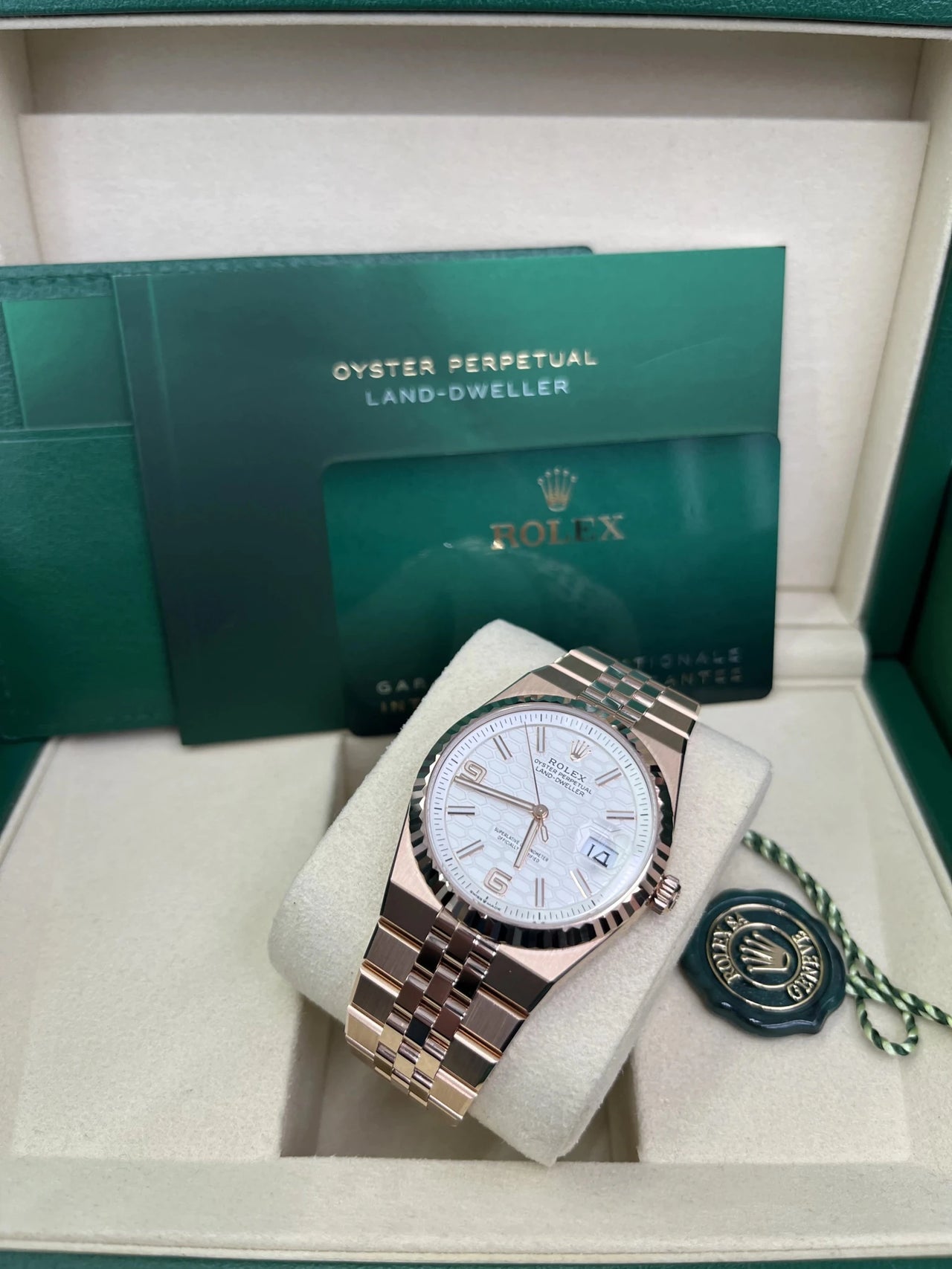 Rolex Land - Dweller 36 Everose Gold White Honeycomb Dial Ref. 127235 - WatchesOff5thWristwatch