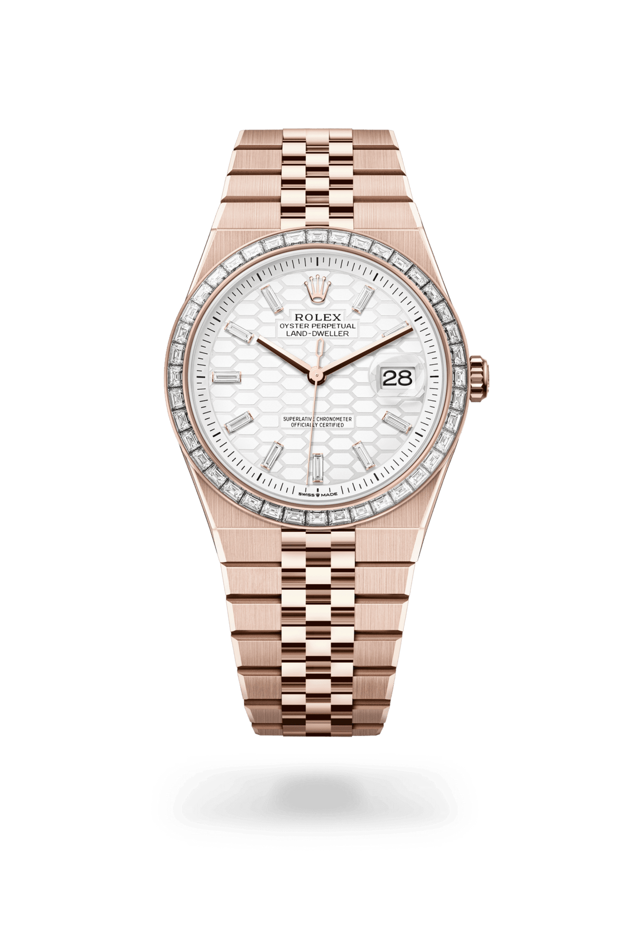 Rolex Land - Dweller 40 | Intense White Honeycomb with Diamonds Dial (Ref 127385TBR) - WatchesOff5thWristwatch