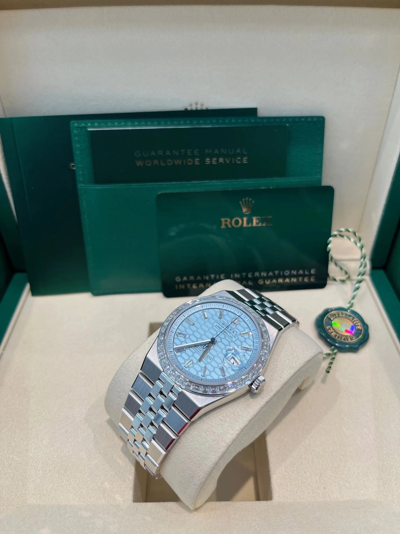 Rolex Land - Dweller 40 Platinum | Blue Dial Baguette Bezel (Ref 127386TBR) - WatchesOff5thWristwatch