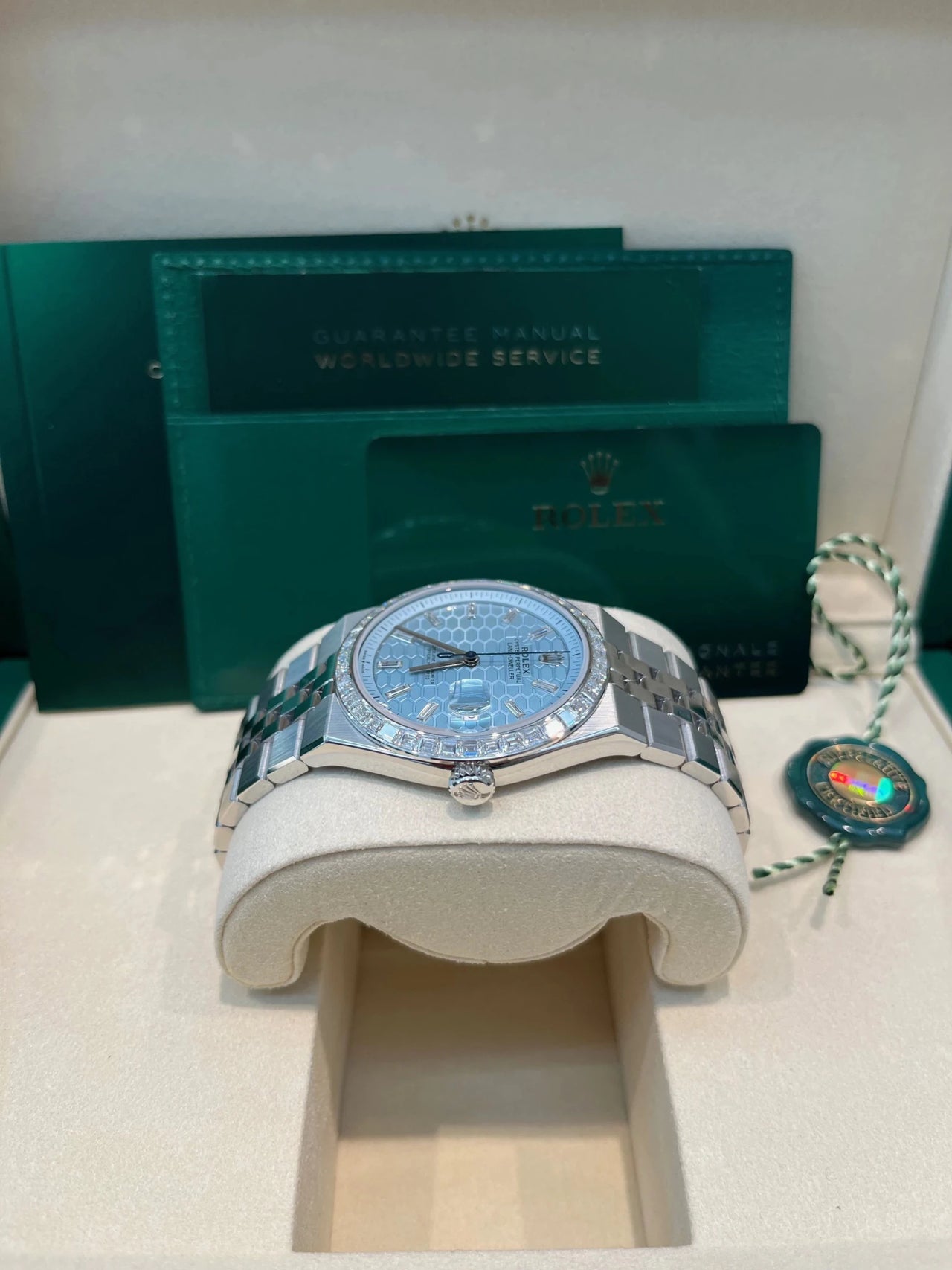 Rolex Land - Dweller 40 Platinum | Blue Dial Baguette Bezel (Ref 127386TBR) - WatchesOff5thWristwatch