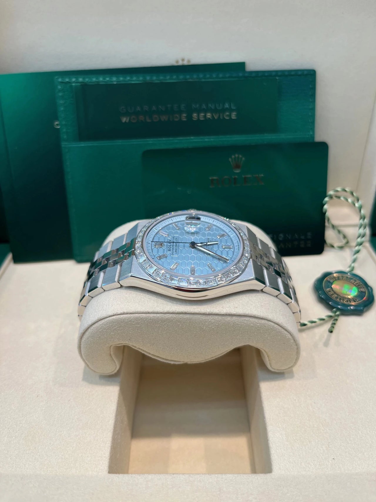 Rolex Land - Dweller 40 Platinum | Blue Dial Baguette Bezel (Ref 127386TBR) - WatchesOff5thWristwatch