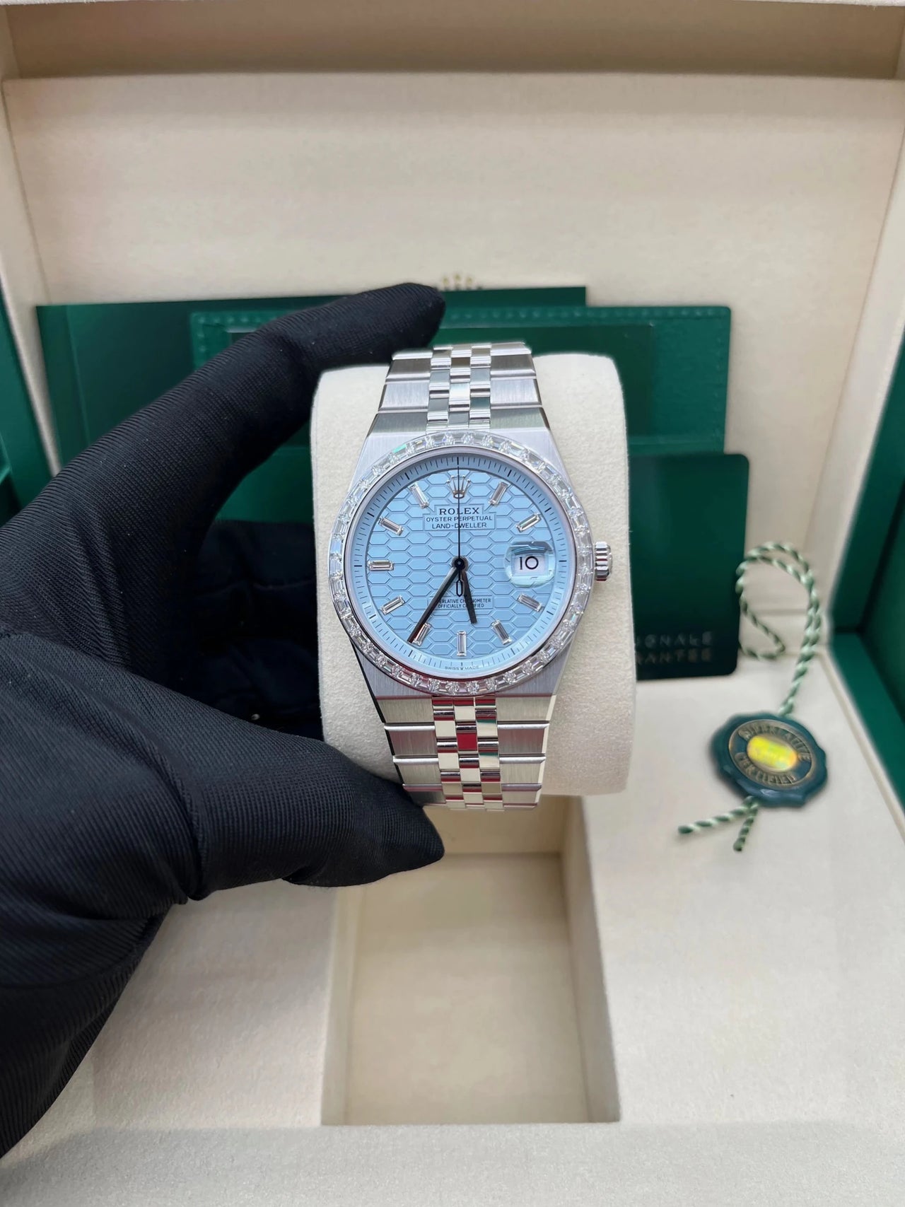 Rolex Land - Dweller 40 Platinum | Blue Dial Baguette Bezel (Ref 127386TBR) - WatchesOff5thWristwatch