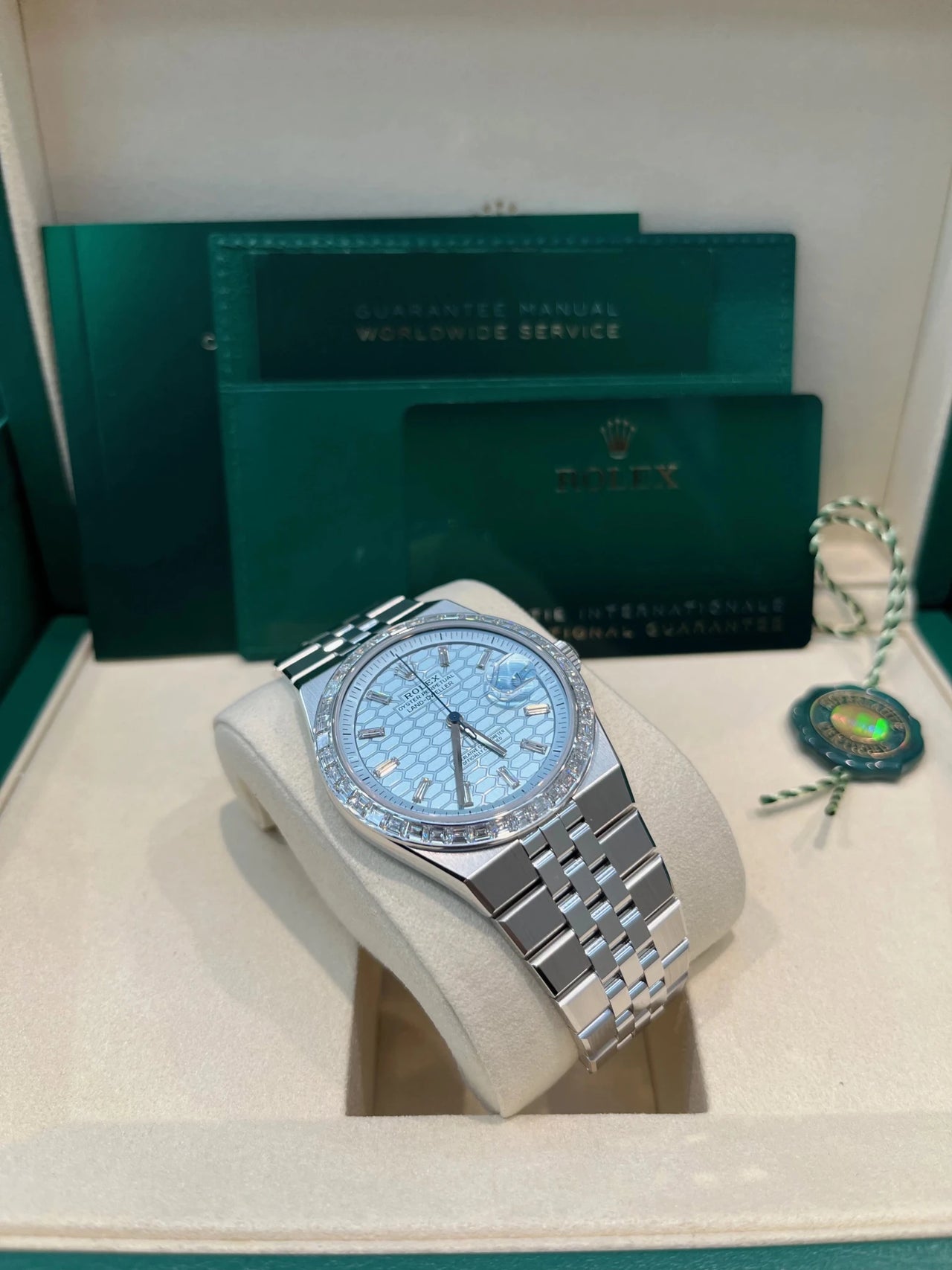 Rolex Land - Dweller 40 Platinum | Blue Dial Baguette Bezel (Ref 127386TBR) - WatchesOff5thWristwatch