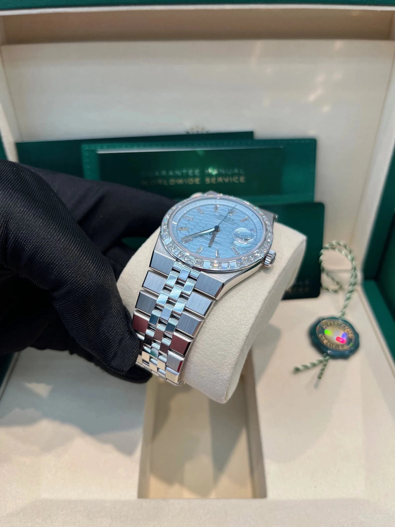Rolex Land - Dweller 40 Platinum | Blue Dial Baguette Bezel (Ref 127386TBR) - WatchesOff5thWristwatch